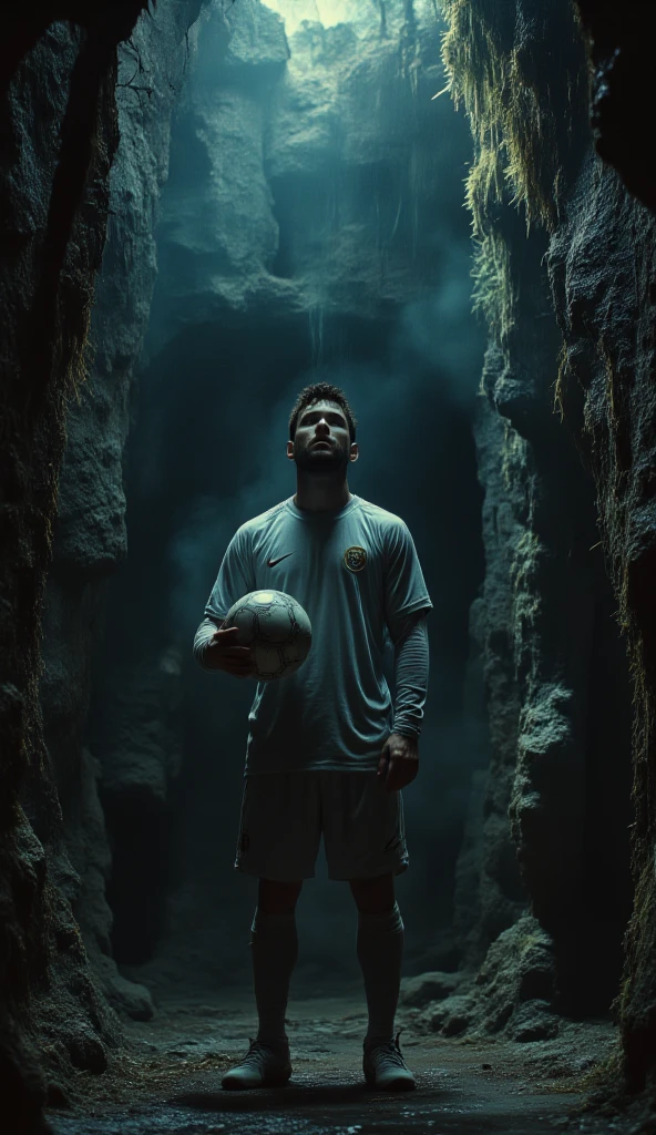 DVD screengrab from dark fantasy film Labyrinth, Lionel Messi with a soccer ball in his hand