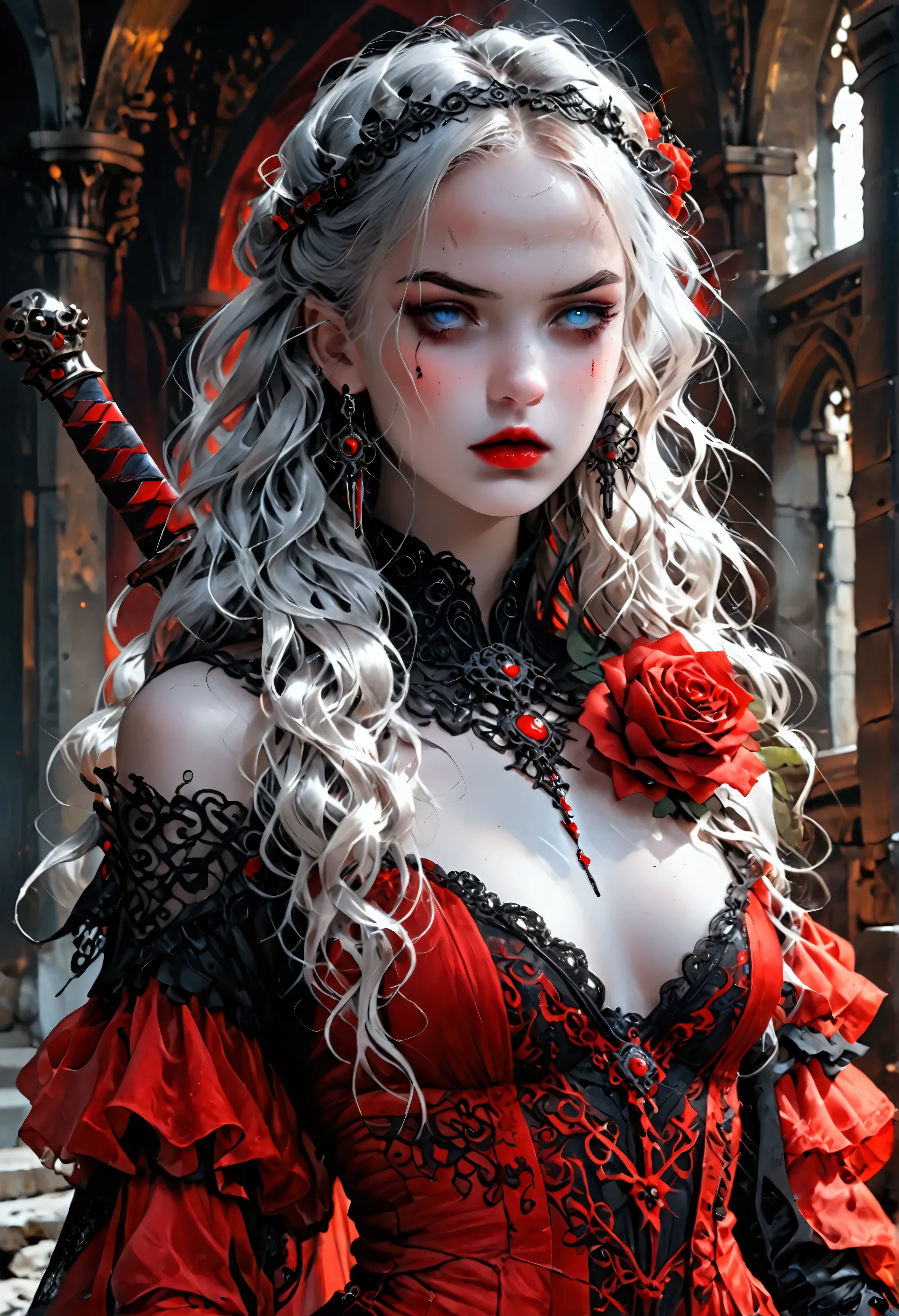 modisn disney, Arafed,  Dark fantasy art, fantasy art, goth art, a picture of a female vampire, (full body shot: 1.3) pale white skin, blond hair,  anatomically correct, Ultra detailed face, Best Detailed face, long hair, wavy hair, (glowing grey: 1.3) eyes, she wears a (red: 1.3) red thigh suit, she holds a sword in hand, (ready for battle: 1.4) , the roses are imprinted on the suit (black: 1.4) black roses, high heels, , dark glamour shot, dark castle, dark, black and color, PASTELGOTH, 