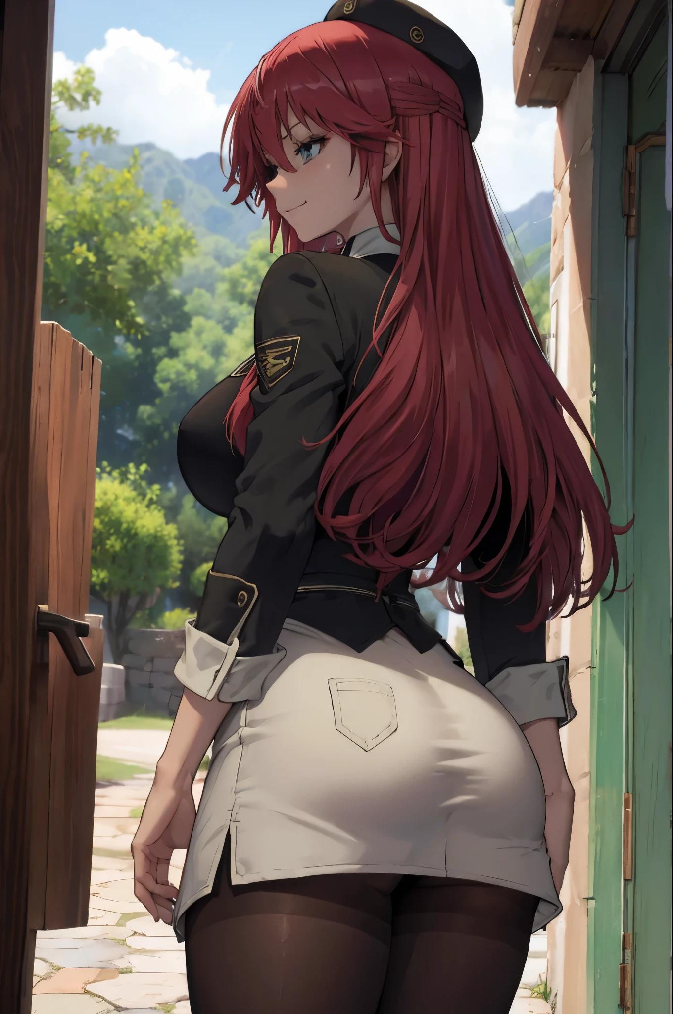 ((plump breasts)), (jambes grasses), ((hills)), ((perfect hands)), ((glossy pantyhose)), (finely detailed eyes and detailed face:1.3), (extremely fine and beautiful:1.1), (Perfect details:1.1), Lilith Asami, Trinity Seven, long hair, red hair, blue eyes, school uniform, shirt, skirt, jacket, necktie, sexy woman,  adult, smile, outdoors, ((glossy black pantyhose)), (view from below), (view from behind)