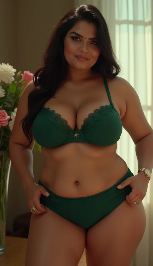 a woman in a Light floral color bra and panty, ,sitting on bed  curvy shape, sexy :8, curvy body, curvy build, beautiful curves, beautiful upper body, jaw-dropping beauty, perfect body, curvy model, thick body, curvy, voluptuous body, teal, beautiful body, girl,  medium breasts!,busty sexy  body, thicc, very curvy, Top Knot Hairstyle 