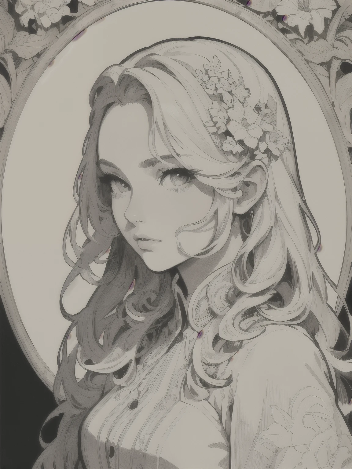 Portrait of a European woman's face、 long curl hair、Blonde、Floral Frame 、Decorative panel、 abstract art by Alphonse Mucha、Sketched、Character Line、Scenes without colors or shadows 。 (masterpiece、top-quality、 high definition :1.4)、 Details、 Intricate Details 、4K、 color splash 、Line art、Fibonacci、