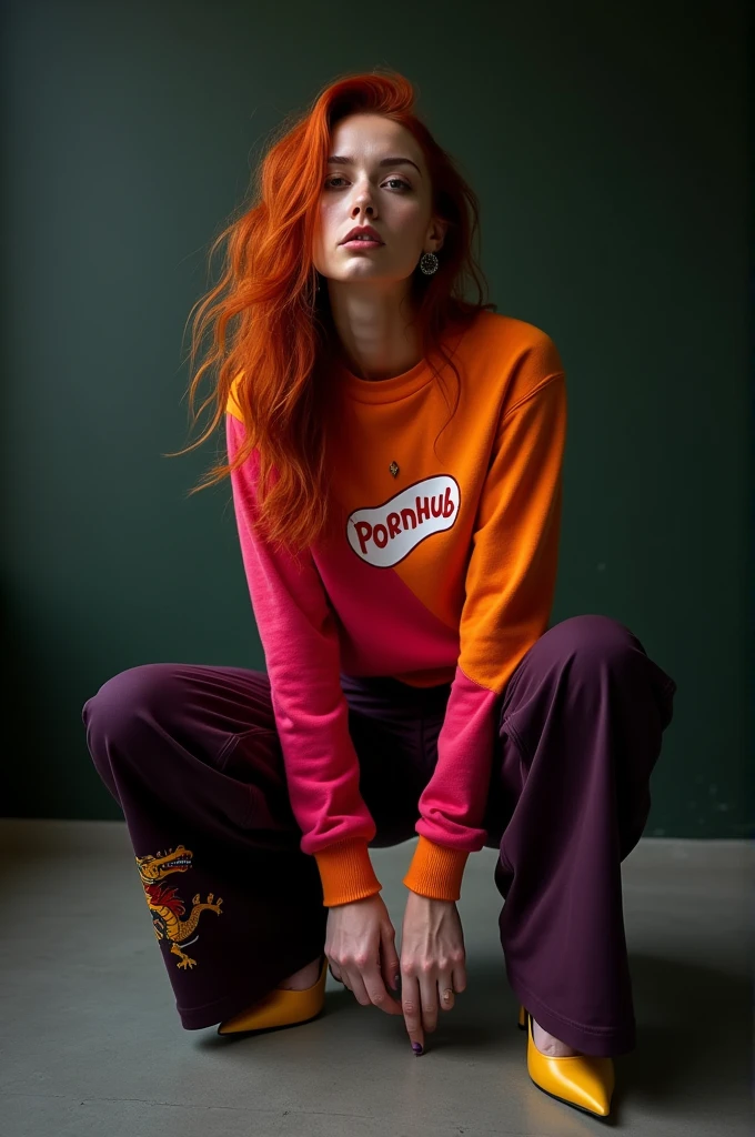 a woman with orange hair sitting on the ground with her legs crossed and her legs crossed, wearing red converse shoes, face toward camera, Constance Gordon-Cumming, pokemon, a stock photo, bauhaus