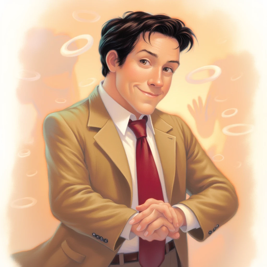 mrygp, An illustration of Jim Carrey as his character from the movie Liar Liar, rendered in the distinctive style of Mary GrandPré. He is depicted in a light brown suit with a white shirt and a deep red tie, his hair neatly combed back. His playful smirk and raised eyebrows are captured with soft, expressive lines, exuding charm and humor. His hands are clasped together in front of him, emphasizing his mischievous nature. The background features subtle, painterly strokes and warm tones, adding a whimsical and dynamic feel to the composition, reminiscent of Mary GrandPré’s signature approach.