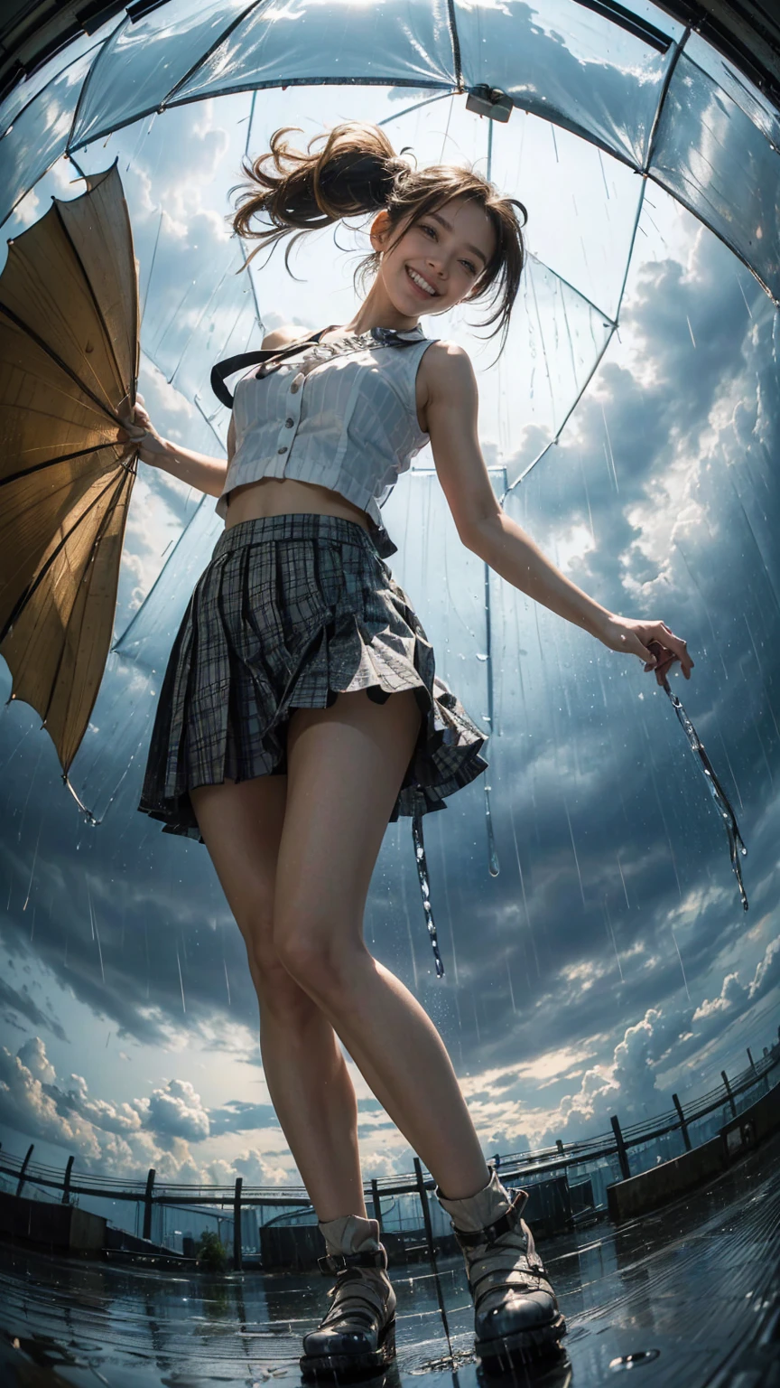 Highest quality, masterpiece, Ultra-high resolution,8k,((Toothy smiling portrait:1.4)), (Realistic:1.6),((Rainy weather:1.4)), ((A radiant smile)), RAW Photos,((Stylish patterned sleeveless shirt and pleated mini skirt)),((Full body photo)),1 person,2 adult women,(Full of smiles:1.6)) ,((Ponytail and hair tie)),((Ribbon in hair)),((showingpanties)),((Photographed from under with a fisheye lens:1.15)),(from below:1.4),