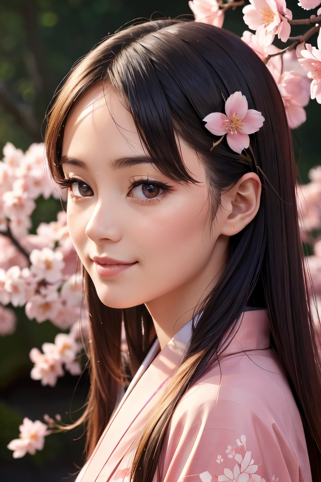 A beautiful young Japanese woman in traditional spring attire, long straight shoulder-length hair, pink kimono with sakura details, expressive eyes, smiling, (best quality,4k,8k,highres,masterpiece:1.2),ultra-detailed,(realistic,photorealistic,photo-realistic:1.37),intricate details,exquisite kimono fabric,delicate facial features,warm lighting,vibrant colors,cinematic composition,elegant pose,serene atmosphere, sakura background, sakura blossons falling