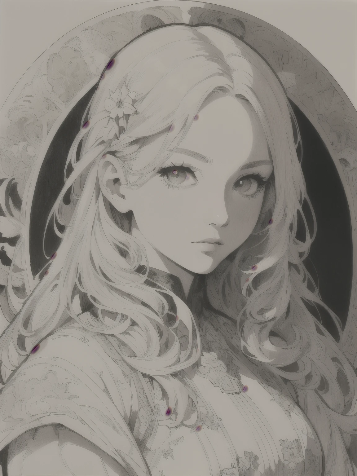 Portrait of a European woman's face、 long curl hair、Blonde、Floral Frame 、Decorative panel、 abstract art by Alphonse Mucha、Sketched、Character Line、Scenes without colors or shadows 。 (masterpiece、top-quality、 high definition :1.4)、 Details、 Intricate Details 、4K、 color splash 、Line art、Fibonacci、