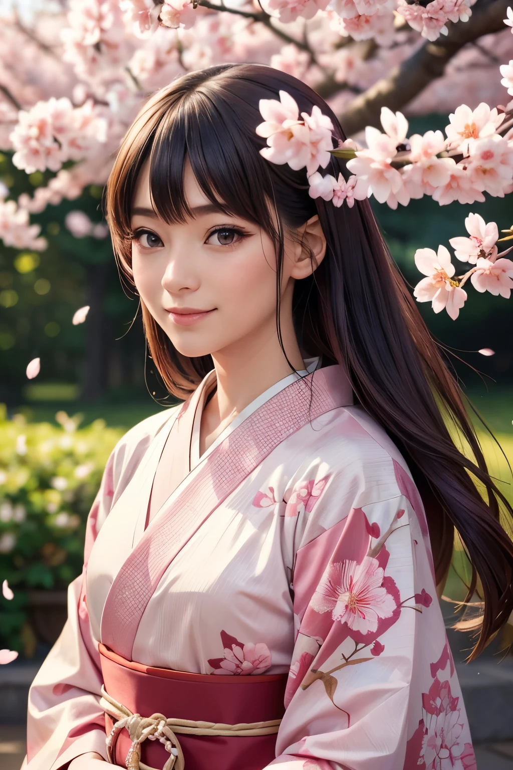 A beautiful young Japanese woman in traditional spring attire, long straight shoulder-length hair, pink kimono with sakura details, expressive eyes, smiling, (best quality,4k,8k,highres,masterpiece:1.2),ultra-detailed,(realistic,photorealistic,photo-realistic:1.37),intricate details,exquisite kimono fabric,delicate facial features,warm lighting,vibrant colors,cinematic composition,elegant pose,serene atmosphere, sakura background, sakura blossons falling