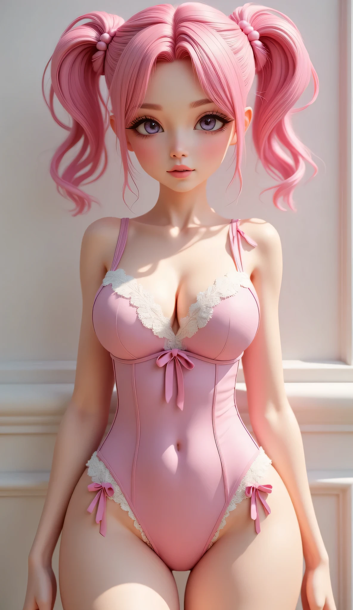 big expressive eyes, cute face with soft skin, pink hair, tied into two neat ponytails, and always wears some kind of cute dress with lace and bows, cleavage, big breasts