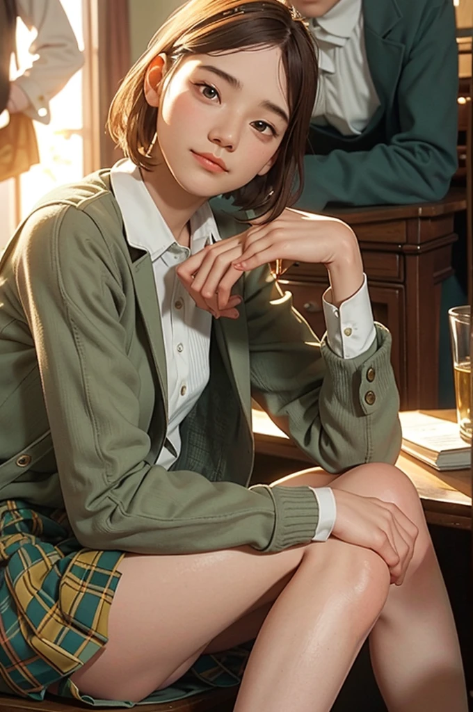 The image has soft, ambient indoor lighting, creating a cozy and warm atmosphere. Hanging lamps provide a gentle glow, adding to the room's inviting feel.
The model Japan girl stands with her legs crossed at the ankles, leaning slightly against a table. Her posture is relaxed and casual, giving a sense of ease.
She is dressed in a plaid dress paired with an olive green jacket. Her outfit is stylish yet comfortable, suitable for an indoor setting. She is also wearing ankle boots, adding a touch of sophistication.
The background is an interior space with an eclectic, vintage vibe. It features a table with books and a chair, a glass cabinet with various items, and decorative ceiling details, contributing to a retro and artistic ambiance