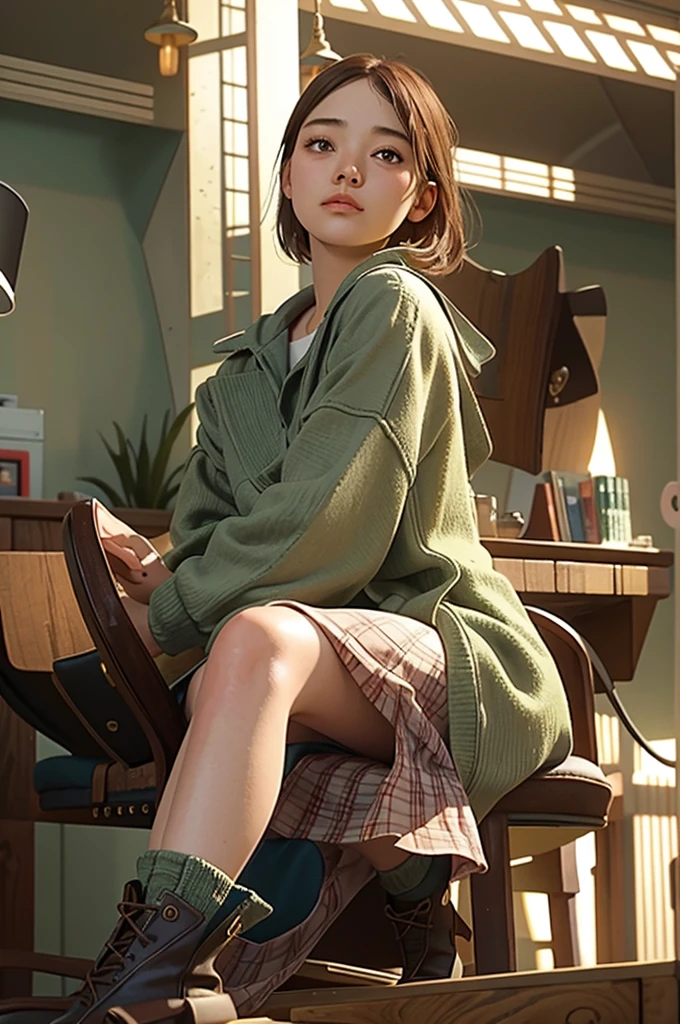 The image has soft, ambient indoor lighting, creating a cozy and warm atmosphere. Hanging lamps provide a gentle glow, adding to the room's inviting feel.
The model Japan girl stands with her legs crossed at the ankles, leaning slightly against a table. Her posture is relaxed and casual, giving a sense of ease.
She is dressed in a plaid dress paired with an olive green jacket. Her outfit is stylish yet comfortable, suitable for an indoor setting. She is also wearing ankle boots, adding a touch of sophistication.
The background is an interior space with an eclectic, vintage vibe. It features a table with books and a chair, a glass cabinet with various items, and decorative ceiling details, contributing to a retro and artistic ambiance