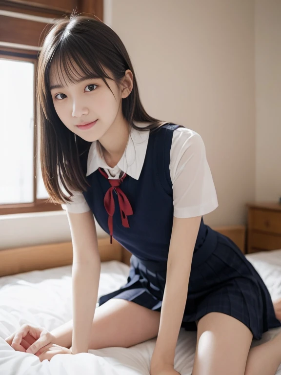 highest quality、High resolution、very detailed、masterpiece、Raw photo、real、photorealistic、very delicate and beautiful.、delicate details、textured skin、1 girl、solo、Soio、18 year old Japanese girl、wearing high school uniform、classroom、(body facing the camera:1.3)、(Sit on a school chair with your legs spread out to the side.:1.2)、(Show me your white panties:1.2)、Half-taken off jacket and plaid skirt、white shirt、tie、The black loafer face is really beautiful.:1.5)、tall、golden hair、(bare legs:1.1)、perfect proportions、(in sfw)、grinning、sex appeal、Panties close up