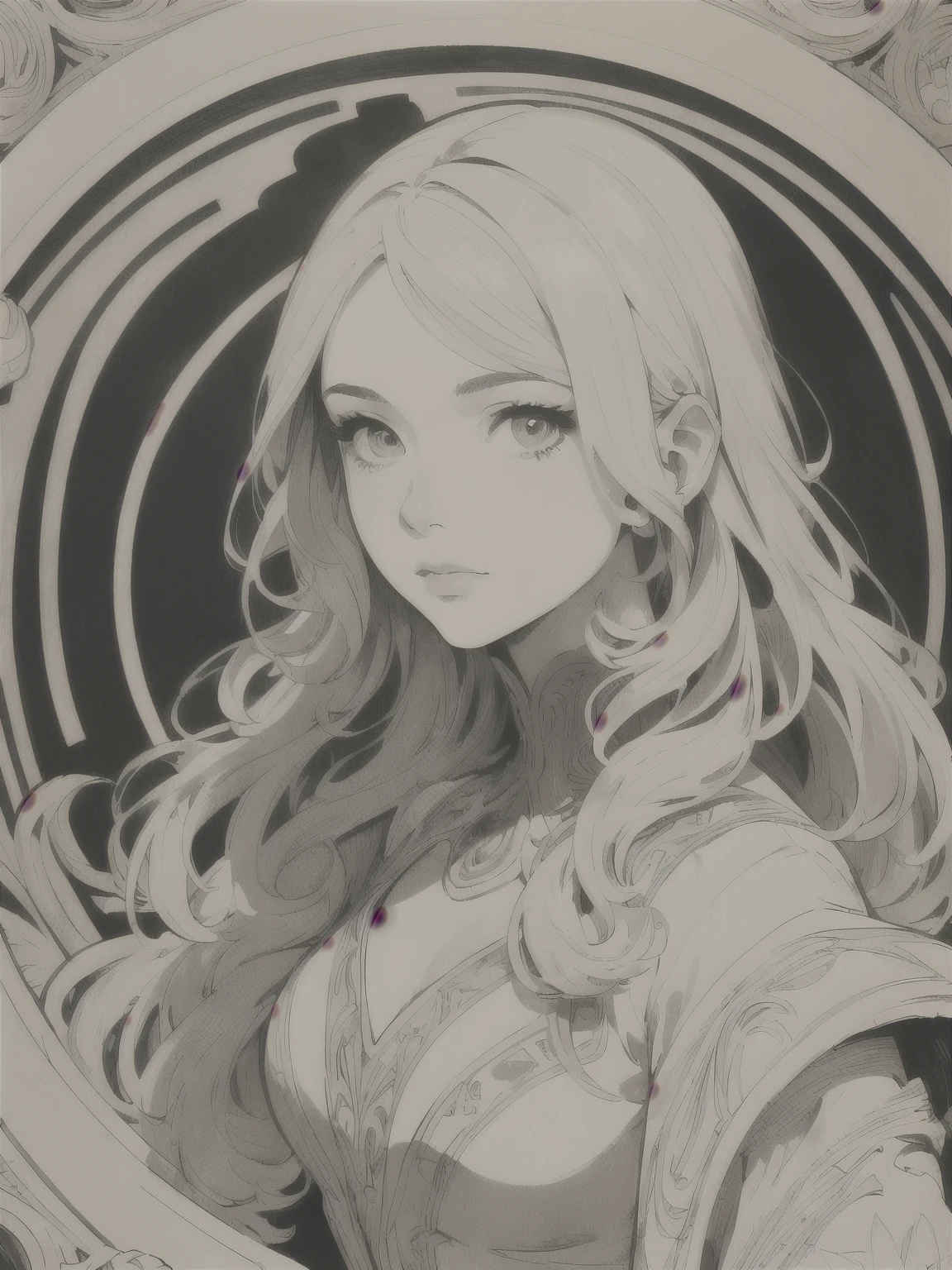 Portrait of a European woman's face、 long curl hair、Blonde、Floral Frame 、Decorative panel、 abstract art by Alphonse Mucha、Sketched、Character Line、Scenes without colors or shadows 。 (masterpiece、top-quality、 high definition :1.4)、 Details、 Intricate Details 、4K、 color splash 、Line art、Fibonacci、
