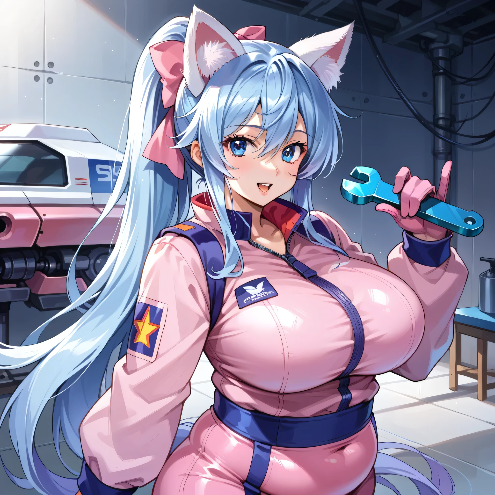 score_9, score_8_up, score_7_up,source_anime,BREAK, gundam_seed, 1girl. Adult woman, She has very long light blue hair ponytail, bright blue eyes, pink metal (mechanical cat ears), round face, pink bow in her hair. she is (FAT) and chubby, with extra large breasts, (plump belly), wide waist, thick arms, wearing purple zip up mechanic coveralls, gloves, long sleeves, pants.  In a maintenance bay, holding a wrench, working on a large machine, grease spots on her clothes. confident proud, focused on what she’s doing. masterpiece,best quality,amazing quality, mechanical background, machines and power equipment