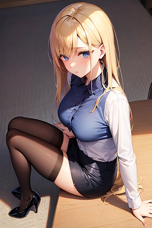 create a 25-year-old anime girl in office attire and black stockings with blonde hair and blue eyes with a luxurious office landscape