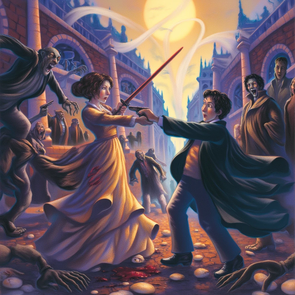 mrygp, An illustration in the style of Mary GrandPré depicting a dramatic scene from Pride and Prejudice and Zombies. Elizabeth Bennet stands poised in a flowing, torn gown, her posture elegant yet fierce, holding a blood-stained sword at her side. Her hair is slightly disheveled, and her determined expression reflects both grace and defiance. Mr. Darcy stands beside her, his dark coat and cravat spattered with grime, holding a pistol aimed at an approaching horde of shadowy, decayed zombies. The background is painted with soft, swirling strokes, blending the eerie glow of the moon with the foggy outlines of a ruined Regency-era estate. The contrasting tones of refinement and danger create a dynamic atmosphere, perfectly blending the elegance of the period with the chaos of the undead.