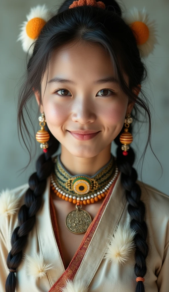 A girl, long braids, Tibetan girl, close-up, slightly raised head, smile, bust photo, upper body, appearance Yang transcendence, gorgeous Tibetan costume, cumbersome Tibetan necklace, cumbersome Tibetan headdress, fluff on clothes, white animal flull, real person CG, sweet style, film style, HD 4K