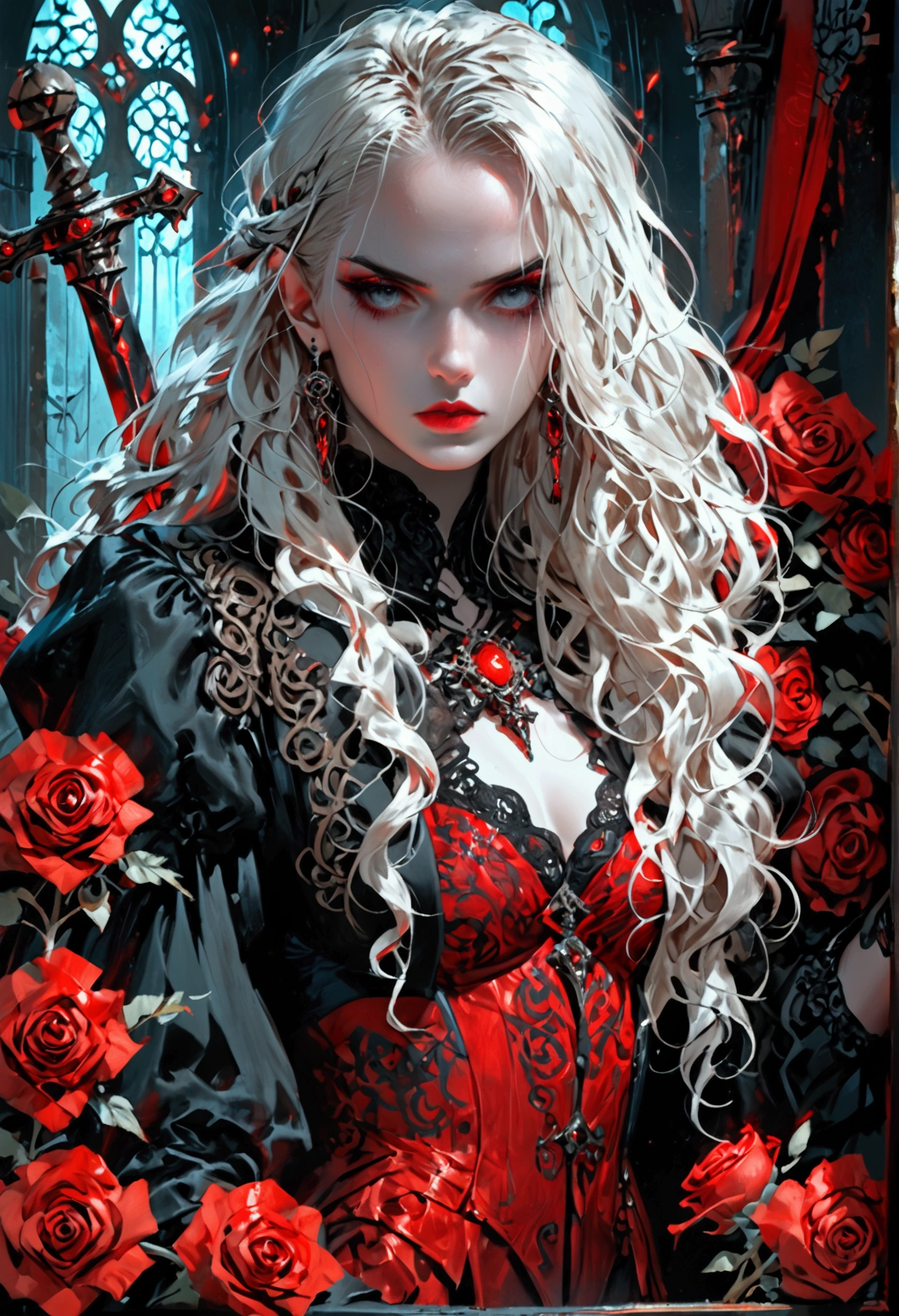 ((Intricate details)),dark fantasy style, GLOOMY AMBIANCE, (Beautiful succubus girl, Silver long hair), (Beautiful symmetrical blue eyes), (Sexy black lace outfit), (Red leather jacket), Various shades and gradients, Clear focus, Dynamic poses, (Ed Blinky, Artie Guerin, author：Jeremy Mann, Greg Manches),violet flower, (The work is set against a backdrop of magnificent buildings that combine classical and Gothic styles.)