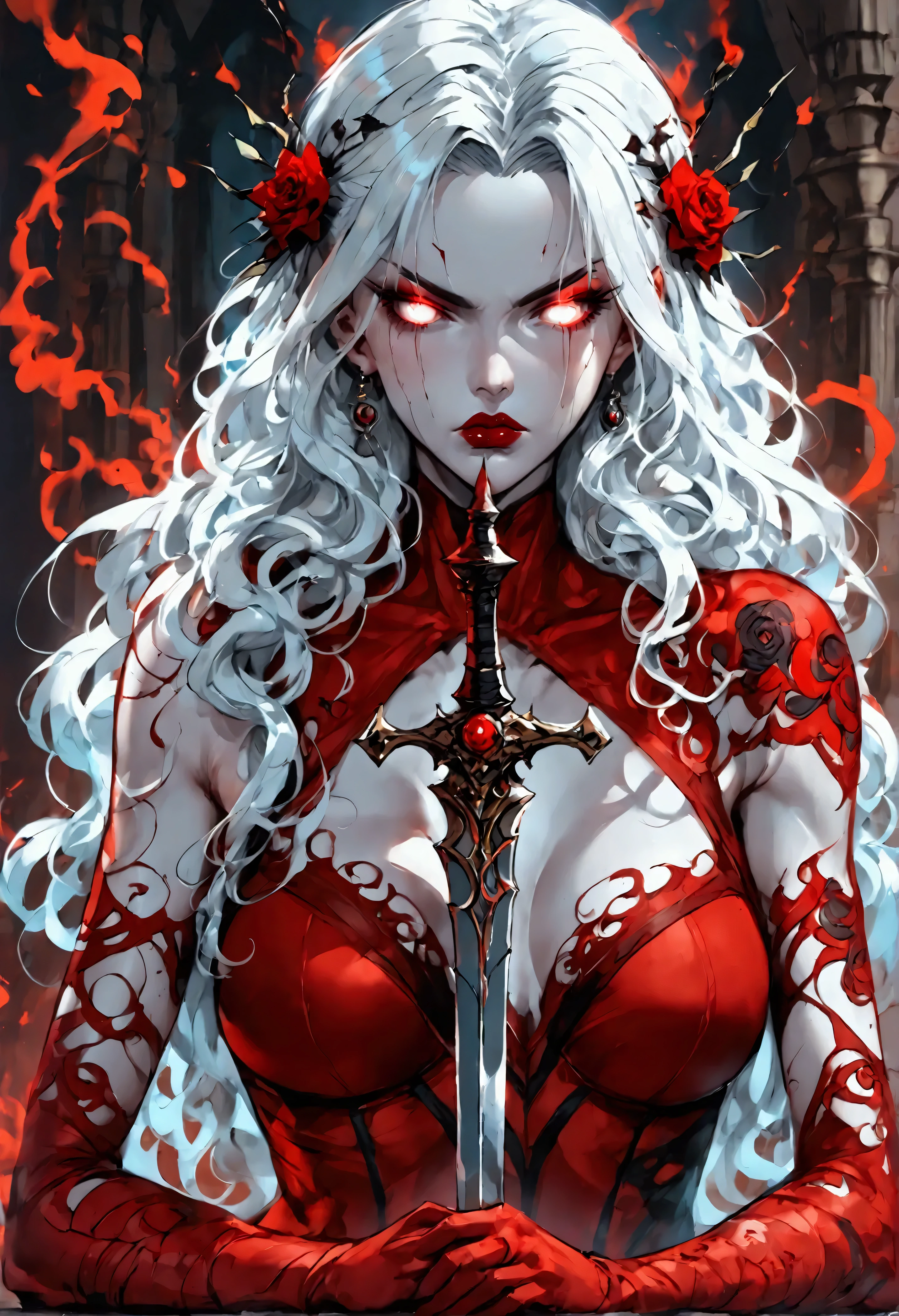 (megan fox:1.25), (muscular:1.5), (full body view:1.25), (pale skin, white hair, red eyes:1.46), (vampirella outfit:1.1),(very muscular bodybuilder girl:1.25), (huge upper body:1.25), (narrow hips:1.0), long hair, (huge muscular arms:1.5,), (10-pack abs:1.4), (large breasts:1.25), (horror:1.0), (esoteric:1.1), (solo:1.4), (dynamic angle:1.0), (cowboy shot:1.0), thin legs, Realistic, Very detailed face and eyes, (masterpiece:1.1), (best quality:1.1), (ornate:1.1), (beautiful girl face:1.25)