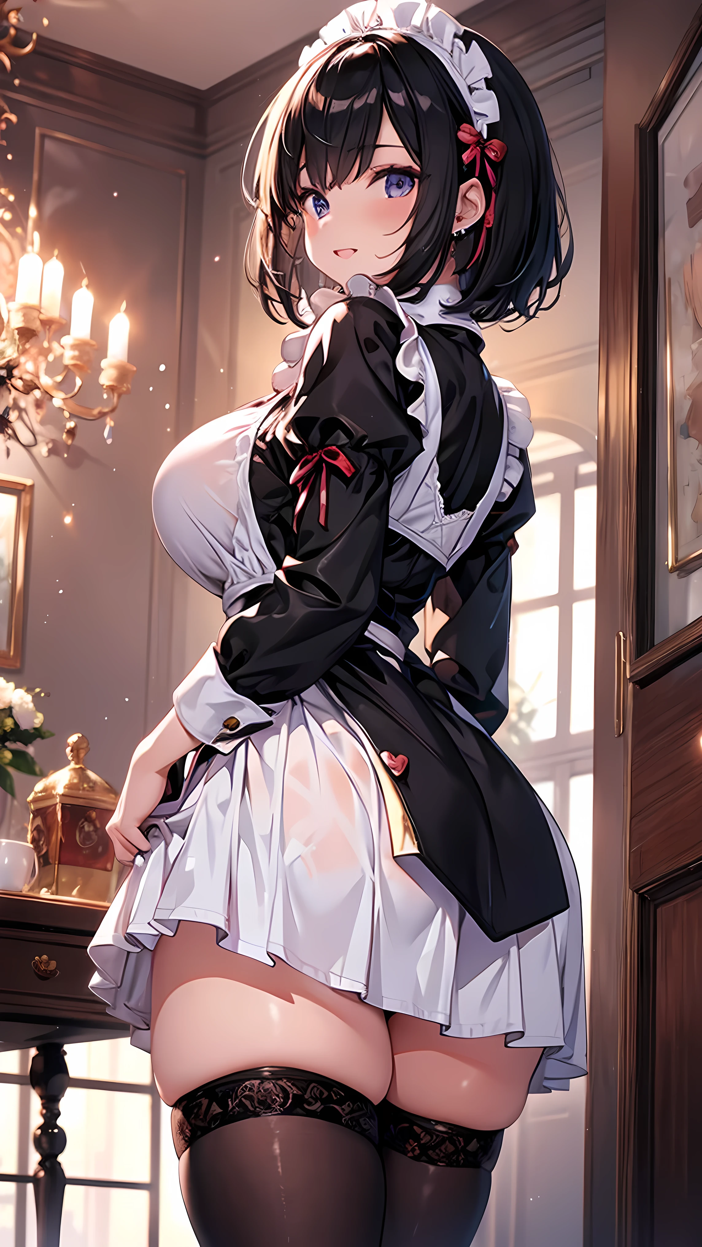 (masterpiece)、( best quality)、   highly detailed face-holding 1    ,Long Hair,   The dark-haired maid is playing  , Very Huge Breasts ,nsfw, bedroom,8k,Immorality,    young girl, apron,Mansion corridor,lure, flips through skirts,blush,Saliva,Hearts in eyes, back view ,butt enlargement ,slouch,2Girl, bob cut from the front