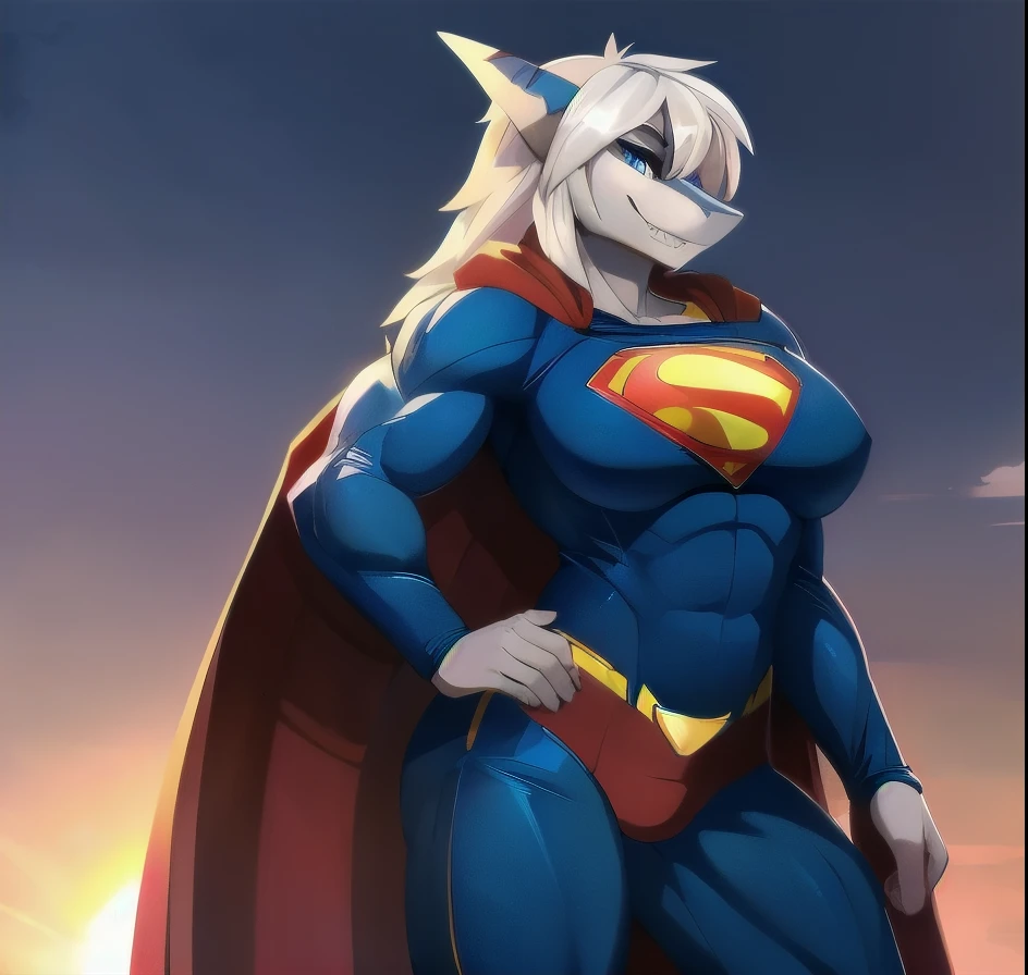 High resolution, masterpiece, high resolution texture, beautiful light, correct anatomy, (masterpiece, 4k resolution), solo, anthro, (shark: 1.1), (grey skin: 1.2), white jaw, white midlong hair, ((mauve eyes)), (detailed blue eyes), (refined and detailed eyes), (masterwork high resolution), shark tail, correct shark tail, breasts, clothed, curvy figure:0.8, female, athletic, strong, mighty, (hyper muscular: 1.3), grinnin, shark teeth, high quality, masterpiece, snout, shark snout, tomboy, by ckewddrip, posing for viewer, flexes bicep, sensual, slightly suggestive, (wearing very detailed superman suit: 1.3), fullbody suit, red long cape, red boots, red trunks, stands in front of viewer, arm flexed, bicep bulged, hand in air, lifts house above her up:1.3, fullbody, anim style