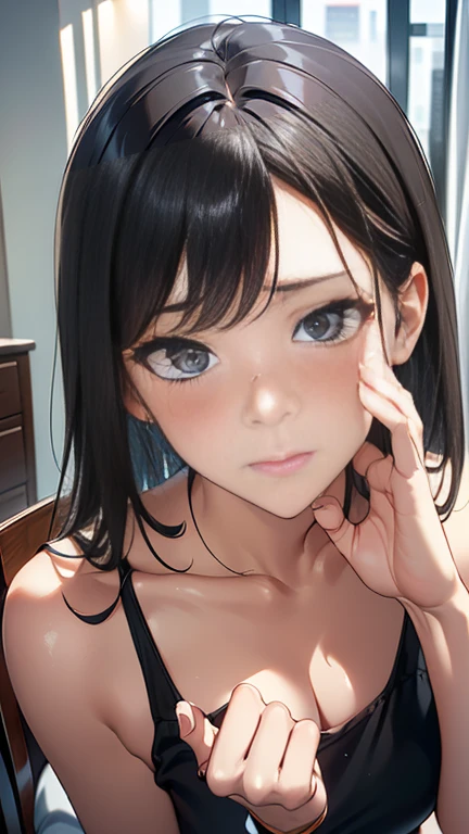 (UHD, masterpiece,  anato focusing from knee to head、Close-up photo of a wife living in a room next to an apartment 、Embarrassed face、 long black hair 、Greetings in the aisle of the condominium 。Accurate hand expression、 anatomically correct hand、 anatomically correct fingers、