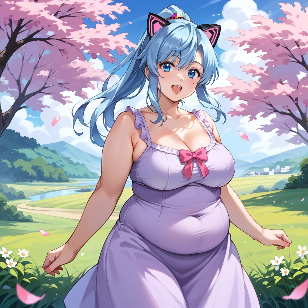 score_9, score_8_up, score_7_up,source_anime,BREAK, gundam_seed, 1girl. Adult woman, She has very long light blue hair ponytail, bright blue eyes, pink metal (mechanical cat ears), round face, pink bow in her hair. she is (FAT) and chubby, with extra large breasts, (plump belly), wide waist, thick arms, belly fat, wearing a cute purple sundress.  In a field of cherry blossom trees. confident proud, having fun, happy. masterpiece,best quality,amazing quality