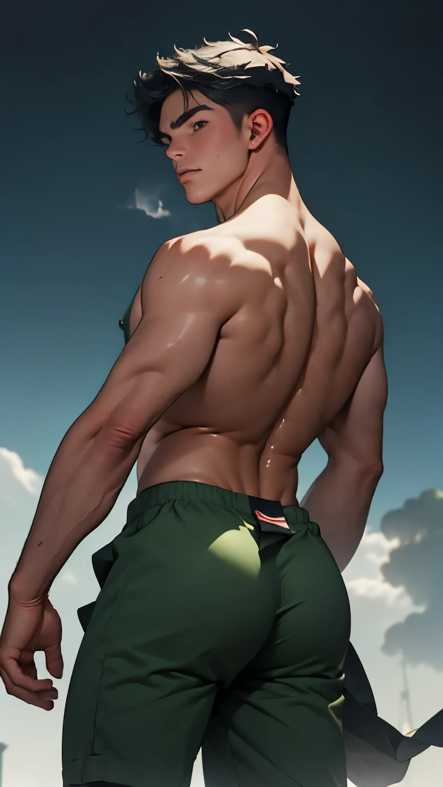 Masterpiece, beauty, aesthetics, from the clouds of steam emerges the figure of a 19-year-old boy, Rear bottom view, athletic build, ideal male body, highlights on the skin, arms outstretched to the sides, face raised up, The silhouette of the legs shines through the fog , Light short transparent loincloth 