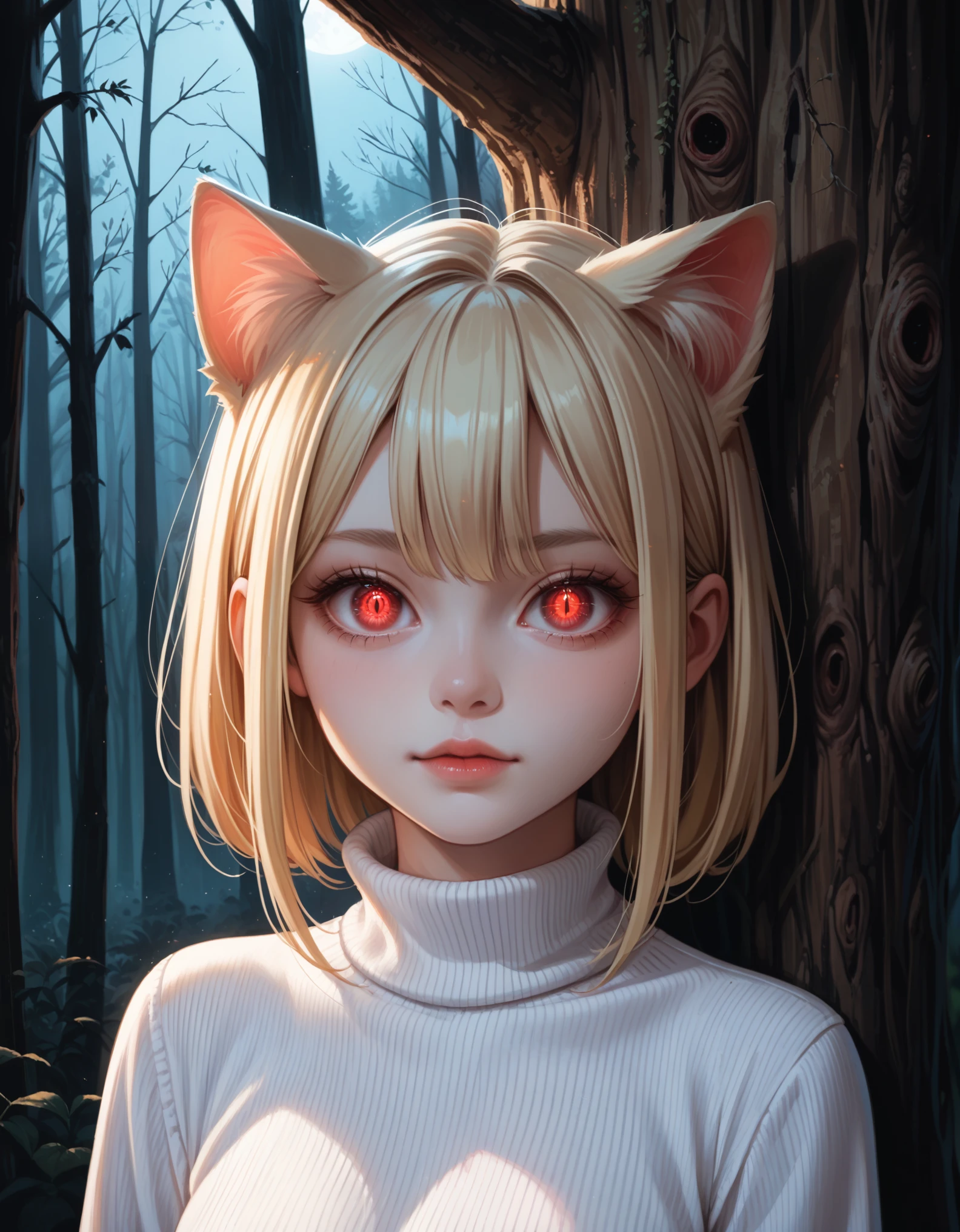 score_9, score_8_up, score_7_up, solo, peeking out, upper body, hiding behind tree, night, horror \(theme\), forest, necoarc, glowing eyes, cat ears, blonde hair, red eyes, chibi, :3, white shirt, turtleneck, looking at viewer