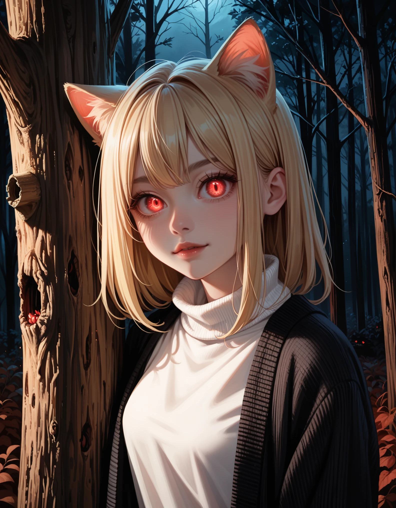 score_9, score_8_up, score_7_up, solo, peeking out, upper body, hiding behind tree, night, horror \(theme\), forest, necoarc, glowing eyes, cat ears, blonde hair, red eyes, chibi, :3, white shirt, turtleneck, looking at viewer