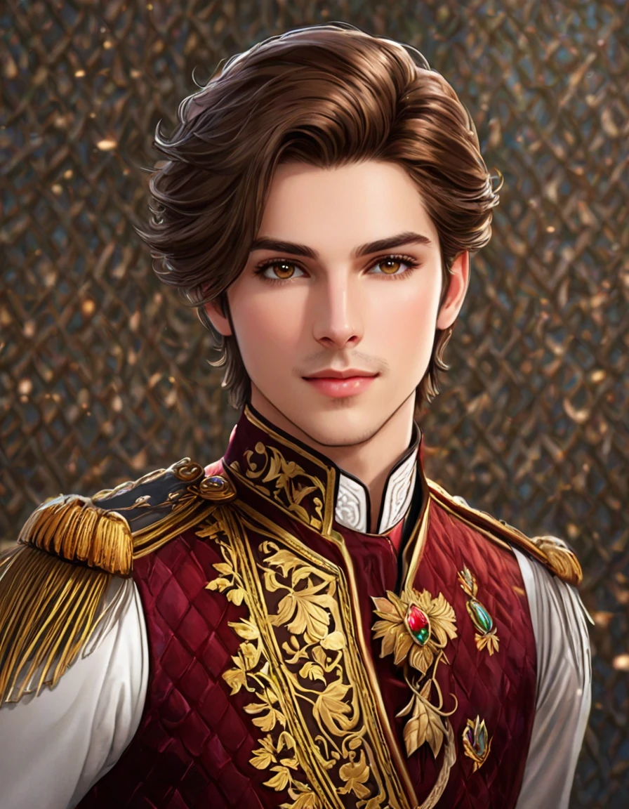 (((((,man, 25 years old))))) with brown eyes,((((  brown hair ))),  gentle androgynous prince ,  handsome androgynous prince , in , Scene,  imperial royal elegant clothing , wearing a nobleman outfit , aristocratic appearance , video game Scene, , Lulua Workshop, одетые в древний костюм photo realistic illustration, hyper realistic illustration, realistic illustration, Photorealistic detail, hypper realistic illustration, extreme realistic detail, Photorealistic detailed picture, with unreal engine render concept art ,