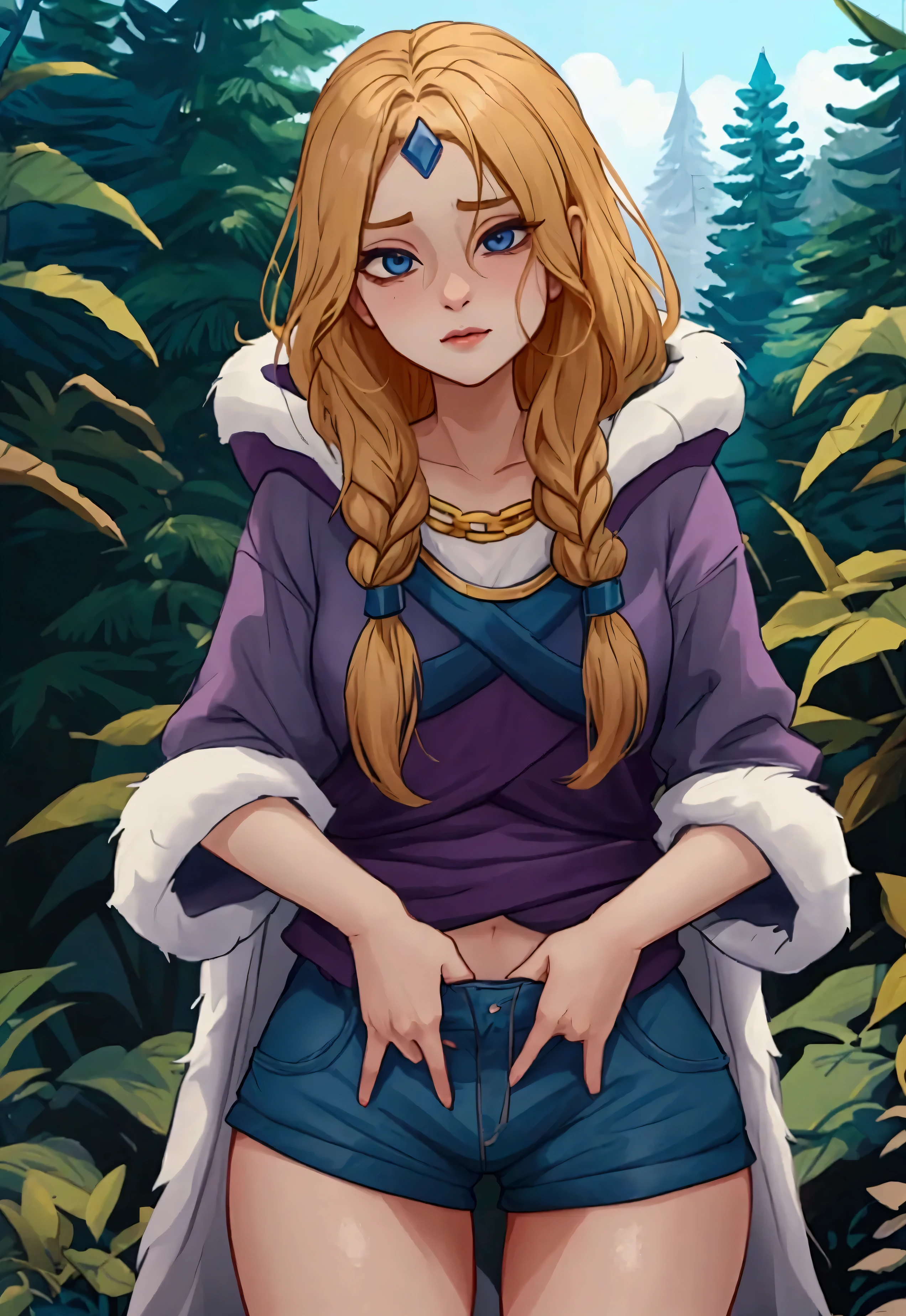 Лучшее качество Rilay from DOTA really wants to pee in the winter forest. She holds on to her crotch with all her strength, but her panties get wet. she is very embarrassed. tries to hold his crotch and avoid eye contact. У неё длинные ноги. Большая круглая  грудь. Full length photo