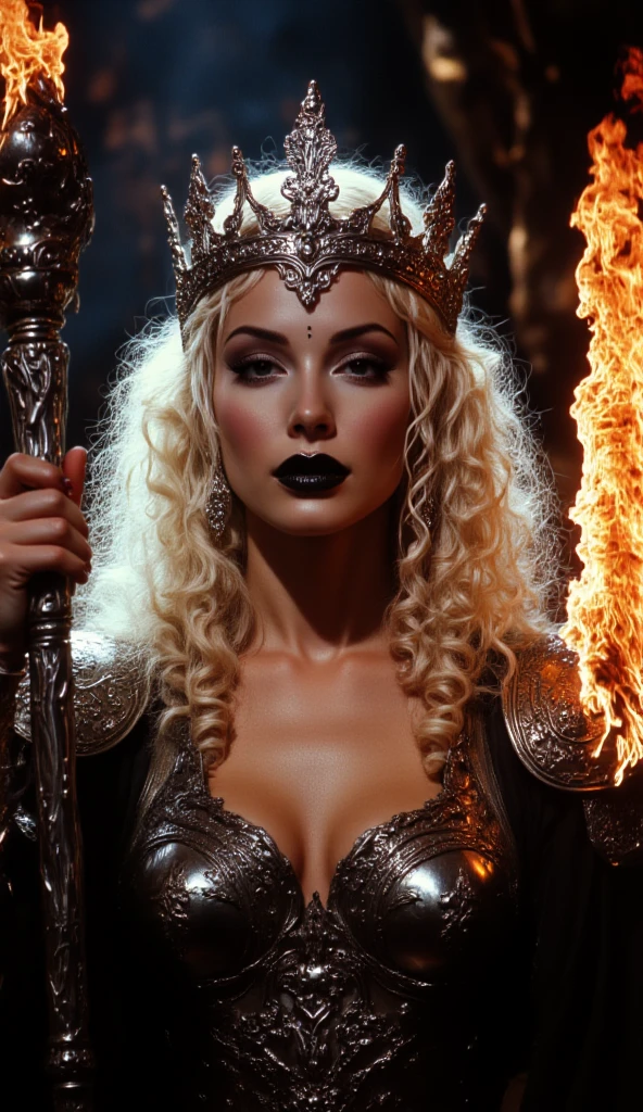 DVD screengrab from 90s fantasy film, ethereal queen, evil queen with blonde hair, black lips and a metal headpiece wearing a silver crown surrounded by fire, holding a staff in her hand surrounded by glowing roots, in a dark fantasy medieval setting holding a fire staff, with very short curly blonde hair with white streaks, a beautiful face, wearing ornate armor in the style of a dark gothic aesthetic.