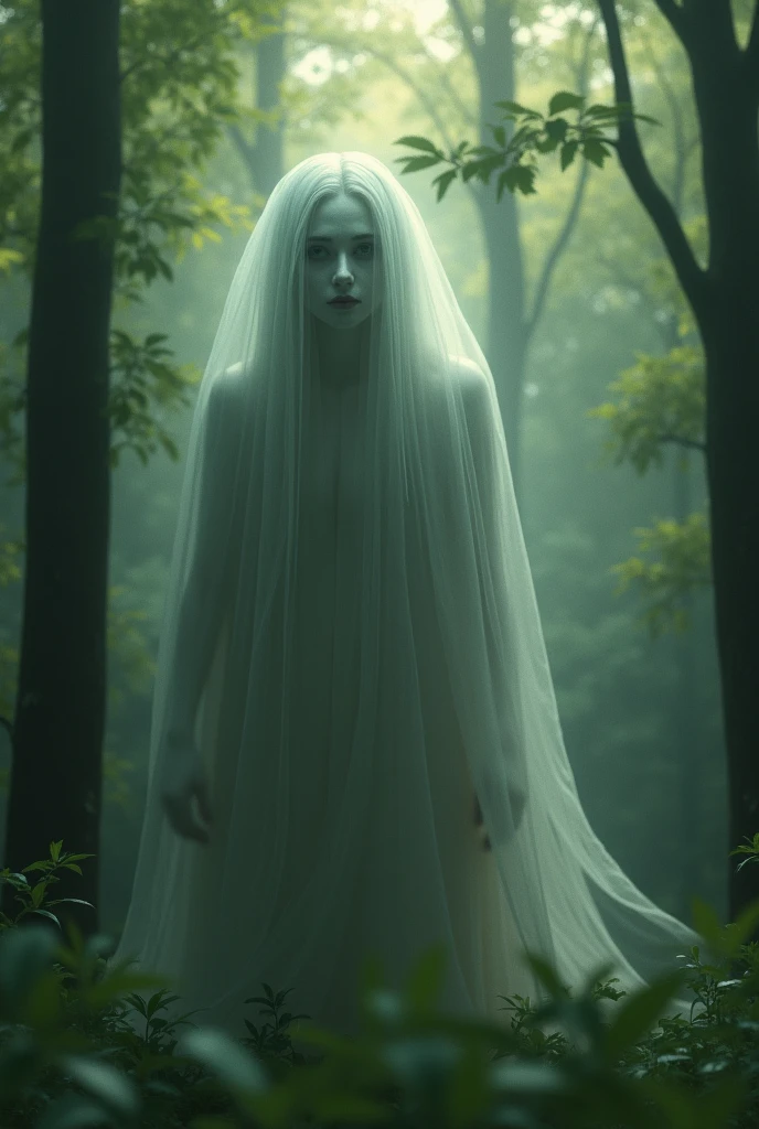 A person standing at the edge of a dark, misty forest, their skin unnaturally white, almost translucent. Their eyes are wide open, filled with a mix of fear and disbelief, as if they’re witnessing something terrifying. The mist swirls around them, creating an unsettling, mysterious atmosphere that draws the viewer in with a sense of impending doom. High Resolution, Realism