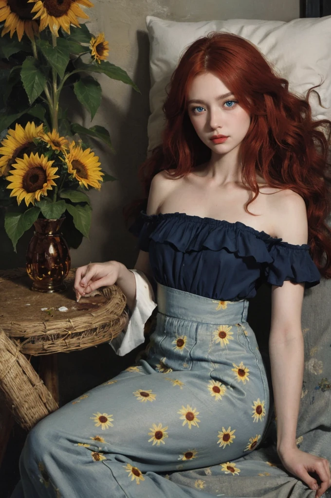 (oil painting:1.5),
\\
a woman with (long red wavy hair), ((blue eyes)) and sunflowers in her hair is laying down in a field of sunflowers, (amy sol:0.248), (stanley artgerm lau:0.106), (a detailed painting:0.353), (gothic art:0.106)