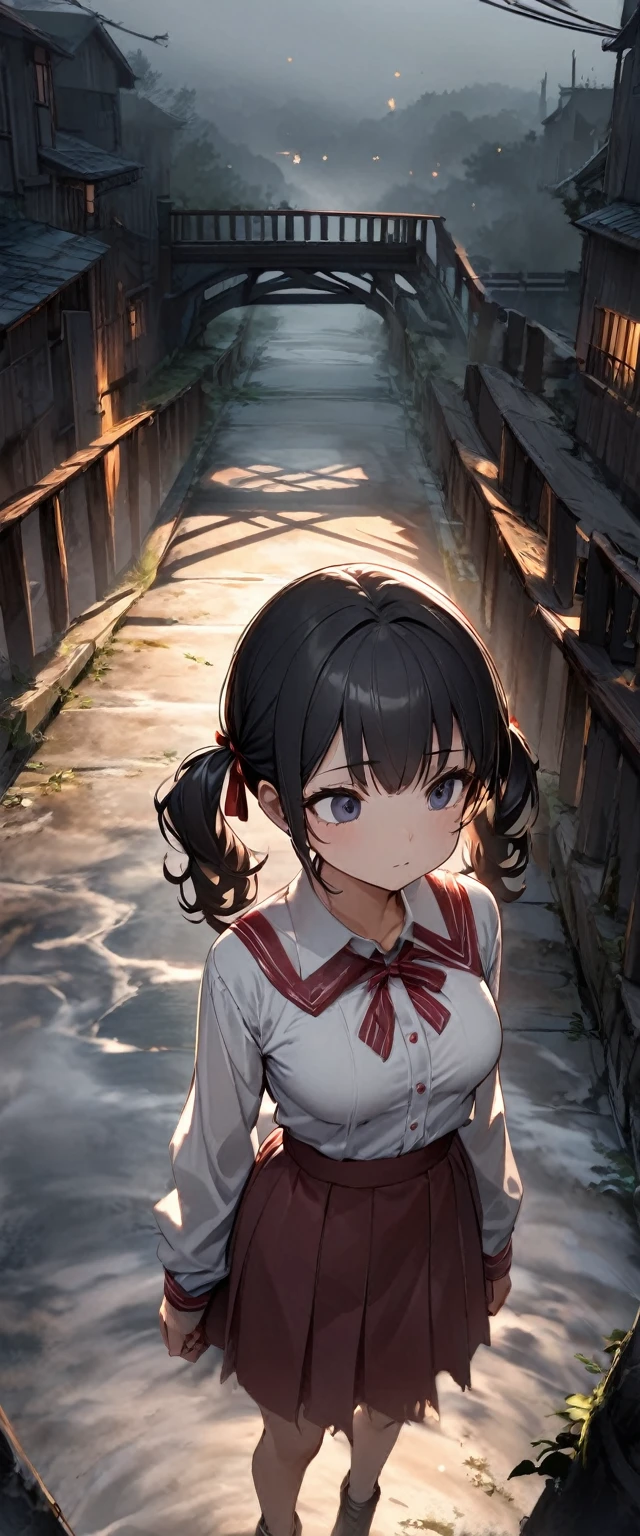 original, absurdres, best quality, masterpiece, doodle, (from front), (dynamic angle, from above), (kaguya shinomiya), angry, (cybernetic limbs), bewitching thighs, combat stance, (black seifuku, glowing blue), iridescent hair, floating hair, cityscape below, ((droplets of blood)), (floating shards of glass), ((ultra-detailed reflections)), cinematic shot, ultrawide angle, (hyperrealistic:1.4), (photorealistic:1.2), lightrays, lense flare, lightleaks