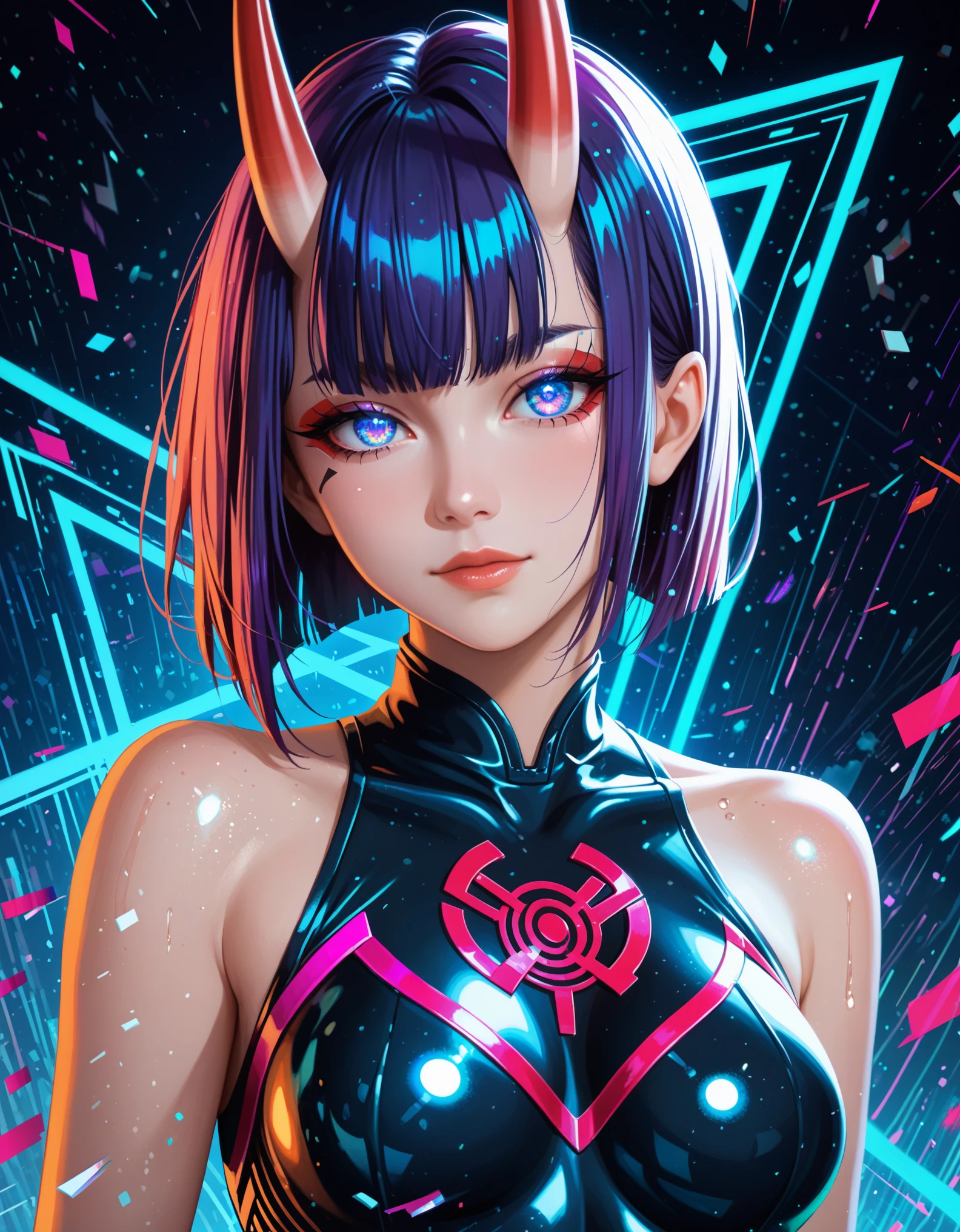 score_9,score_8_up,score_7_up, rating_safe, glitch, d1splaygl1tchl1nes, a glowing (triangle:1.1), 1girl, shuten douji \(fate\), cyborg, breasts, contrapposto, shiny, glamour, makeup, glossy, glowing eyes, anamorphic, head tilt, science fiction, head tilt, geometric, cyberpunk style (black background:0.8), particles, dust, lines, [:horns:0.4],violet hair,bangs,hair between eyes