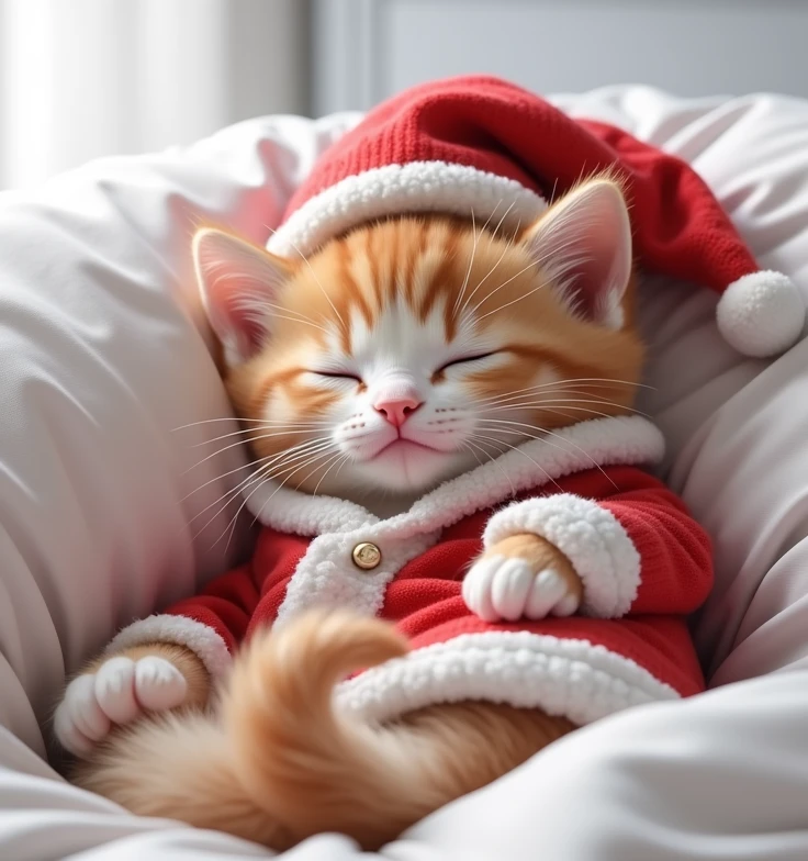 Kitten in Santa Claus clothes happily sleeping in bed with white sheets 