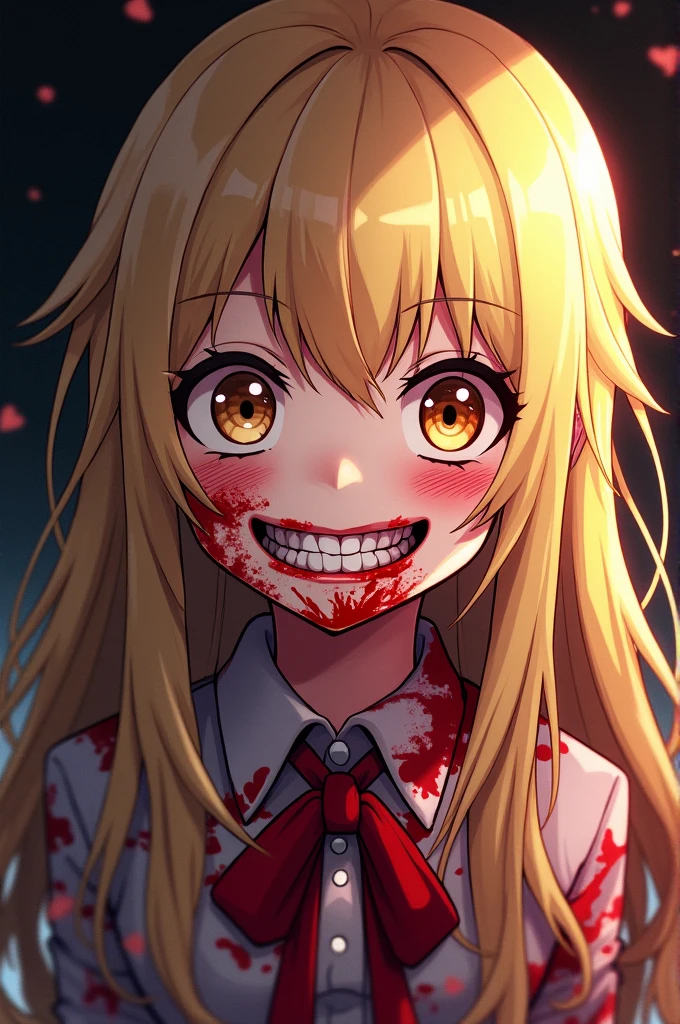 from below, 1girl, upper body,face close-up,smile, open_mouth,blood_on_face,blood_on_body, yandere, blush, yandere_trance, shadow_on_eyes, shaded_face,hands_on_own_cheeks, hands_on_own_face,looking_at_viewer, bare_shoulders,bare_arms,Dark Environment,hell,masterpiece, best quality, very aesthetic, absurdres, horror, blood,,Marin Kitagawa, long hair, blonde hair, red eyes,