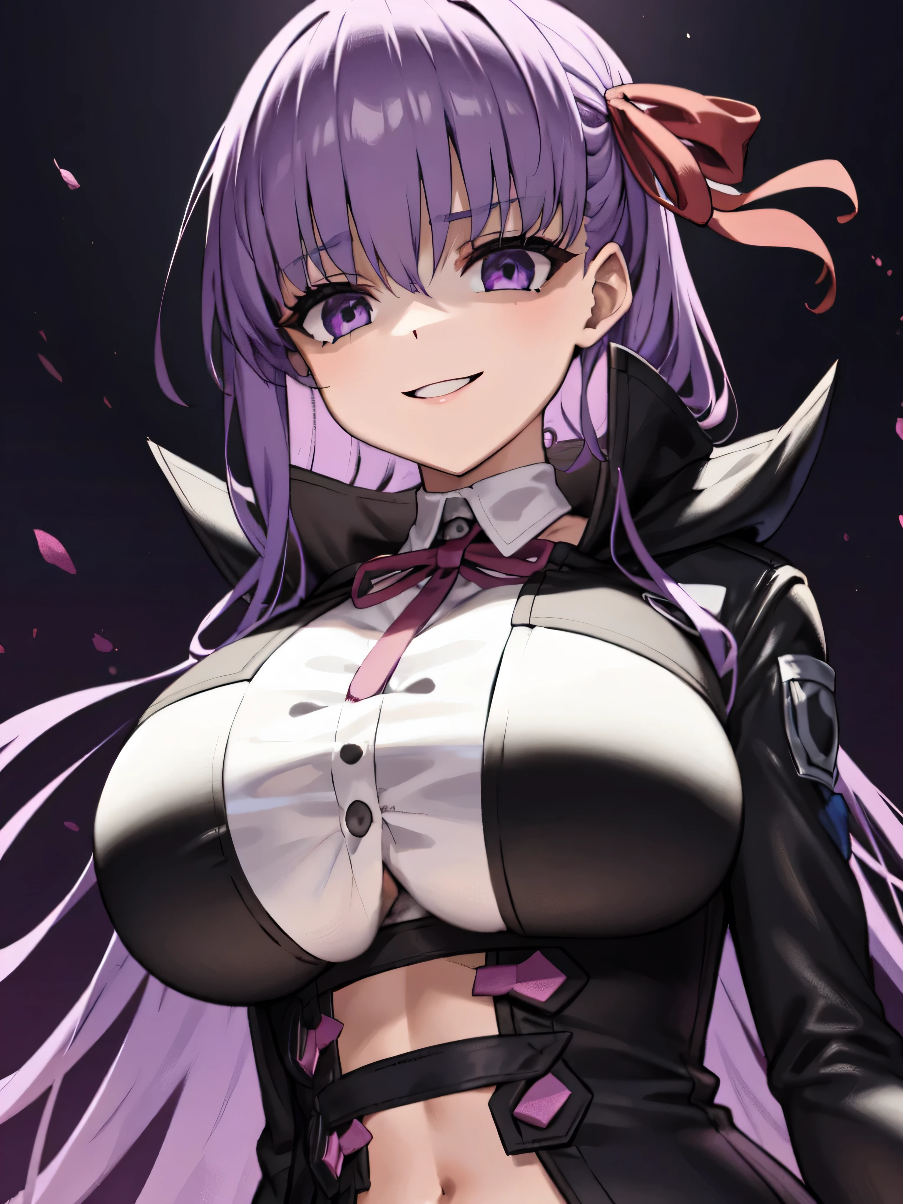  Isoscale, Mid Shot,  night, ,,, Purple Hair, Black jacket, , Red ribbon, Big Breasts, Purple eyes, White gloves, Long Hair, Large collar, evil Smile,,,(evil Smile:1.3),Highly detailed CG Unity 8K wallpapers, Perfect lighting,,Looking down at the viewer,,Anxious smile,Black and purple world background,deep shaded face(eyes in shadow),solo,Yandere,,look down,looking down at viewer, ,,from below,close up,Dark Side、