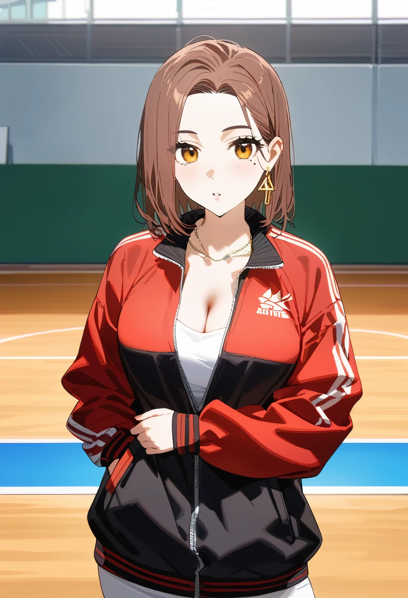 (masterpiece, best quality:1.2), 1 girl, alone, (adult, mature woman), tachibana kotoha, /(wind breaker/), looking at viewers, brown medium short hair, brown eyes, earrings, mole under left eye, alluring face, parted lips, fashionable sportwear, fashion, cleavage, (pose, model, photoshoot), in the middle of japan city, basketball field 