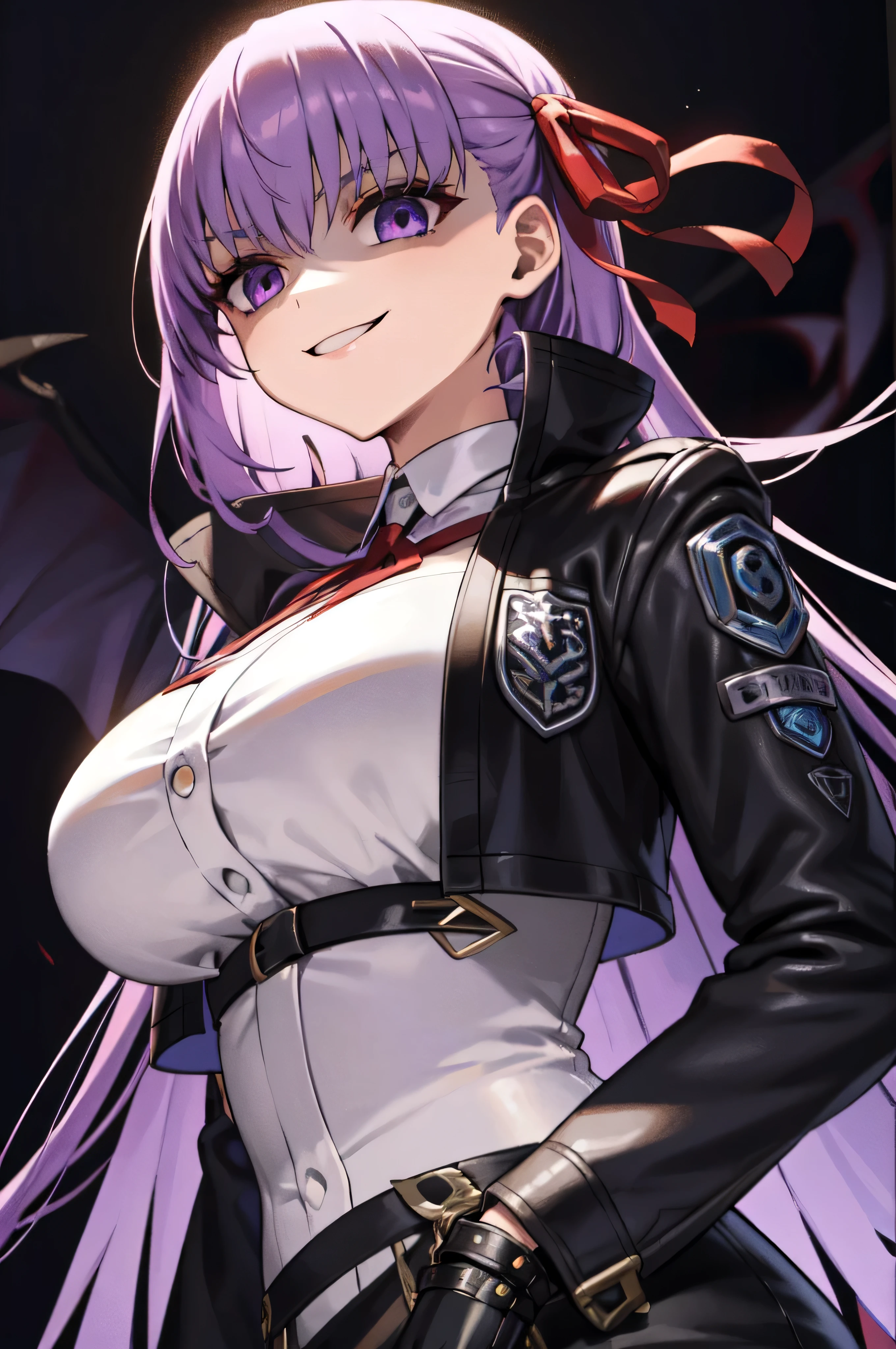  Isoscale, Mid Shot,  night, ,,, Purple Hair, Black jacket, , Red ribbon, Big Breasts, Purple eyes, White gloves, Long Hair, Large collar, evil Smile,,,(evil Smile:1.3),Highly detailed CG Unity 8K wallpapers, Perfect lighting,,Looking down at the viewer,,Anxious smile,Black and purple world background,deep shaded face(eyes in shadow),solo,Yandere,,look down,looking down at viewer, ,,from below,close up,Dark Side、),((masterpiece,best quality)), 