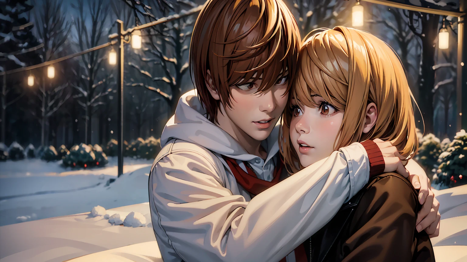 a couple in christmas, light yagami and misa amane, beautiful couple, intimate lovers, holding hands, romantic, warm lighting, christmas tree, snowfall, cozy winter scene, (best quality,4k,8k,highres,masterpiece:1.2),ultra-detailed,(realistic,photorealistic,photo-realistic:1.37),intricate details,highly detailed,cinematic lighting,soft colors,holiday atmosphere,tender embrace,affectionate gaze,snow covered landscape