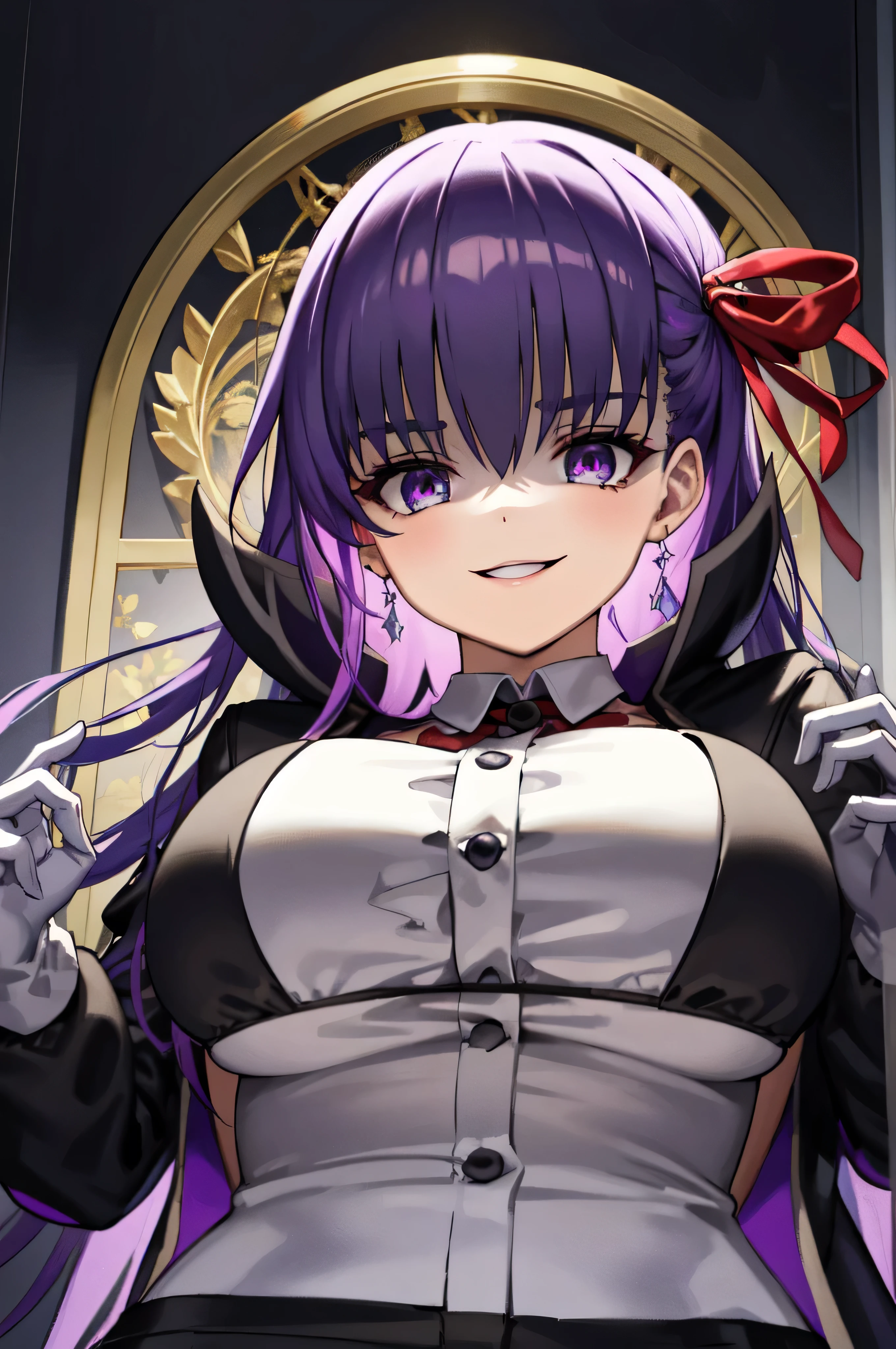  Isoscale, Mid Shot,  night, ,,, Purple Hair, Black jacket, , Red ribbon, Big Breasts, Purple eyes, White gloves, Long Hair, Large collar, evil Smile,,,(evil Smile:1.3),Highly detailed CG Unity 8K wallpapers, Perfect lighting,,Looking down at the viewer,,Anxious smile,Black and purple world background,deep shaded face(eyes in shadow),solo,Yandere,,look down,looking down at viewer, ,,from below,close up,Dark Side、),((masterpiece,best quality)), 