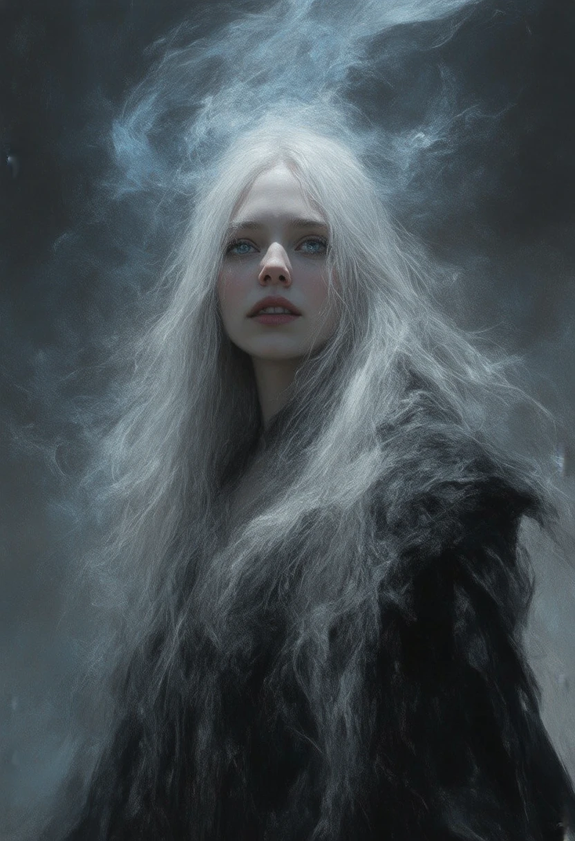 woman with long straight white hair, pale skin, thick lips, 30 years old, chubby, goth, evil smile, evil look, super-powered goddess, pale blue eyes, Arcane art style