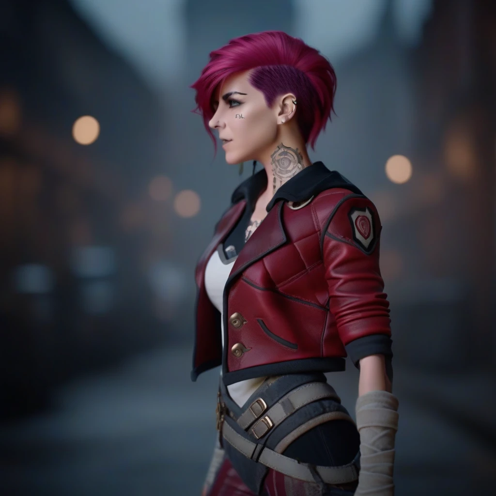  cinematic photo of a woman,  full body , pink hair,  red jacket ,  Punches,  steampunk city scenery , (((text “VI" )))  . 35mm Photography, film, bokeh effect,  Professional, 4K, highly detailed