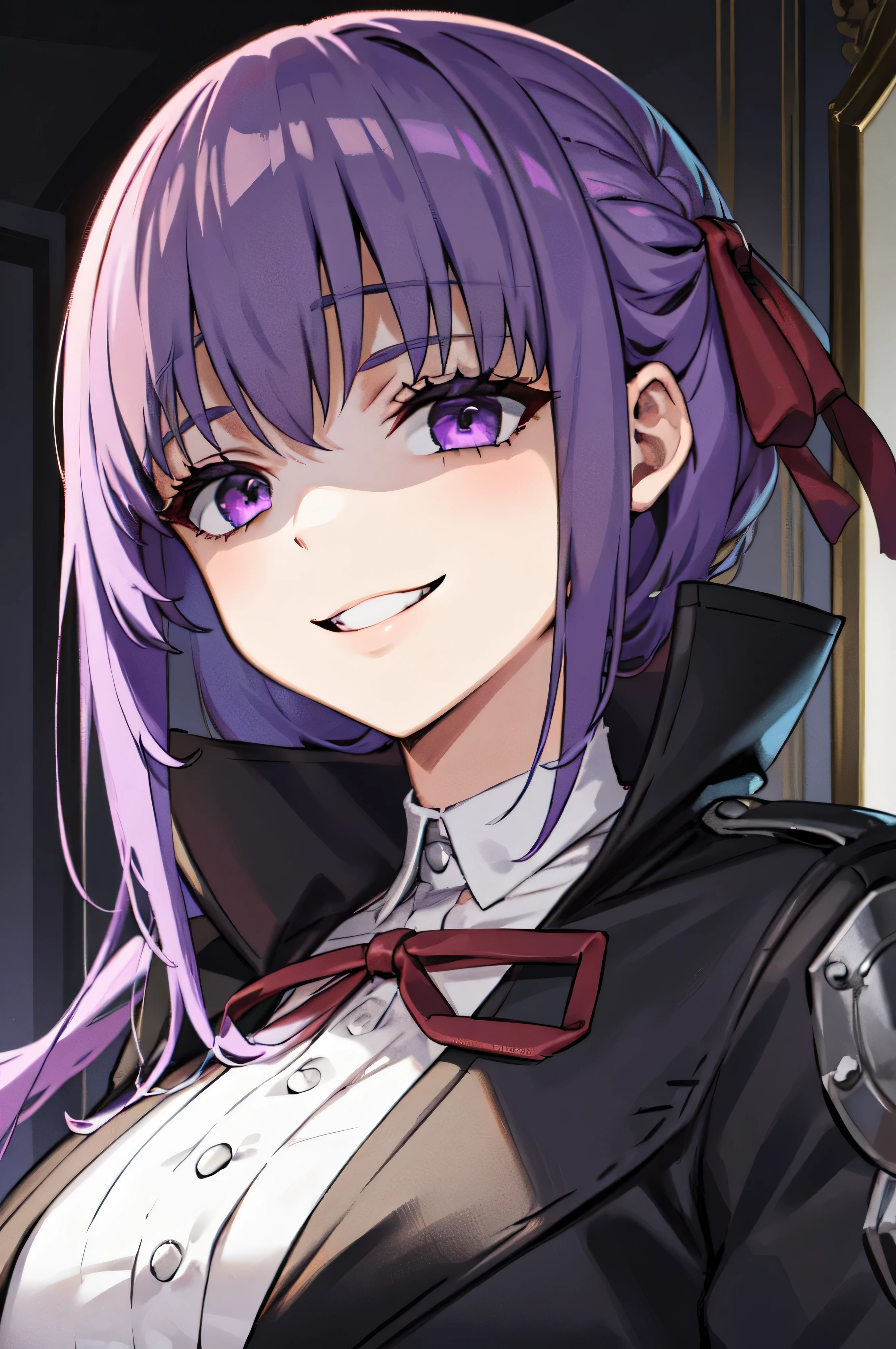  Isoscale, Mid Shot,  night, ,,, Purple Hair, Black jacket, , Red ribbon, Big Breasts, Purple eyes, White gloves, Long Hair, Large collar, evil Smile,,,(evil Smile:1.3),Highly detailed CG Unity 8K wallpapers, Perfect lighting,,Looking down at the viewer,,Anxious smile,Black and purple world background,deep shaded face(eyes in shadow),solo,Yandere,,look down,looking down at viewer, ,,from below,close up,Dark Side、),((masterpiece,best quality)), 