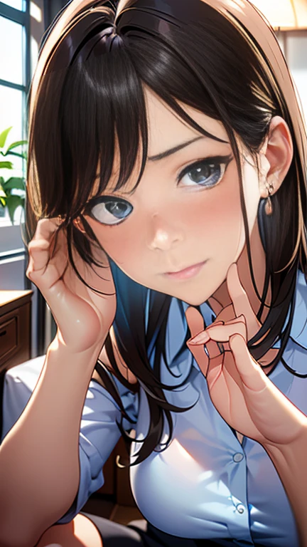 (UHD, masterpiece,  anato focusing from knee to head、Close-up photo of a wife living in a room next to an apartment 、Embarrassed face、 long black hair 、Meet and greet at the entrance of the room。Accurate hand expression、 anatomically correct hand、 anatomically correct fingers、Beautifully drawn eyes、