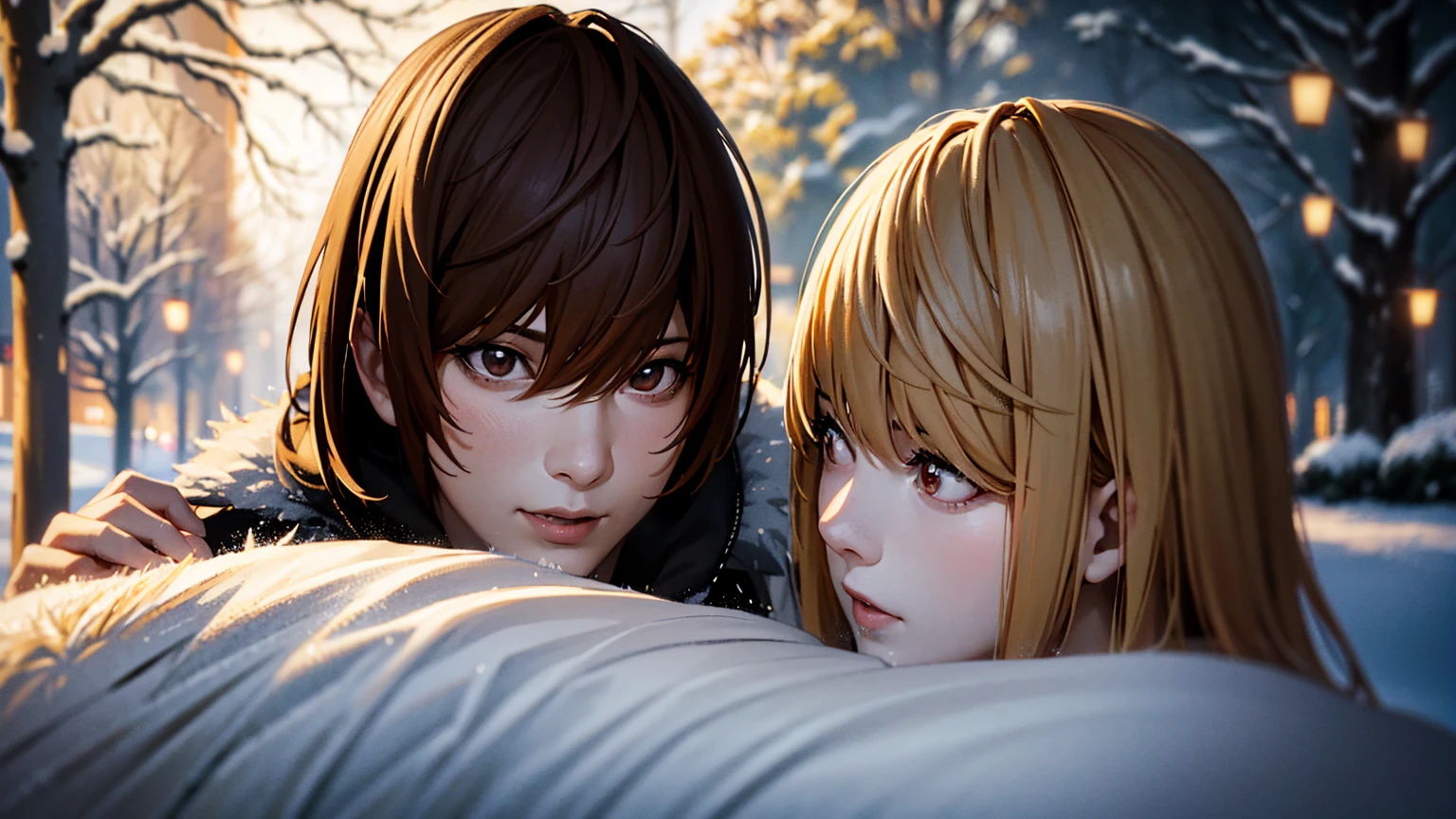 a couple in christmas, light yagami and misa amane, beautiful couple, intimate lovers, holding hands, romantic, warm lighting, christmas tree, snowfall, cozy winter scene, (best quality,4k,8k,highres,masterpiece:1.2),ultra-detailed,(realistic,photorealistic,photo-realistic:1.37),intricate details,highly detailed,cinematic lighting,soft colors,holiday atmosphere,tender embrace,affectionate gaze,snow covered landscape