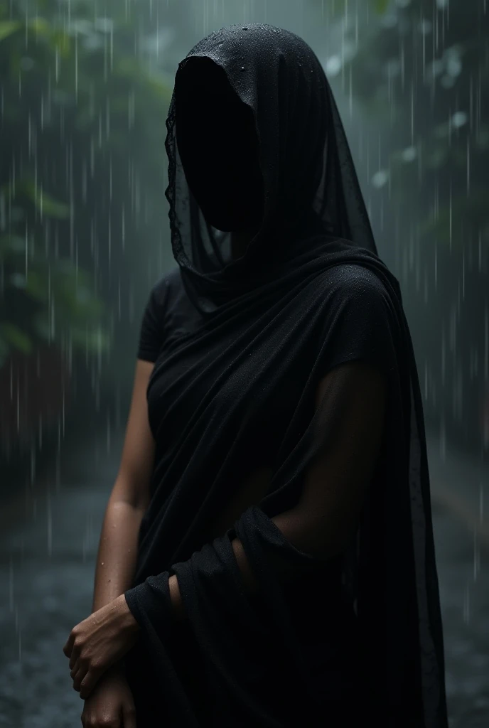 A girl in black shari rounding on a roof when it rains and enjoying the weather who face and body never seen for shari