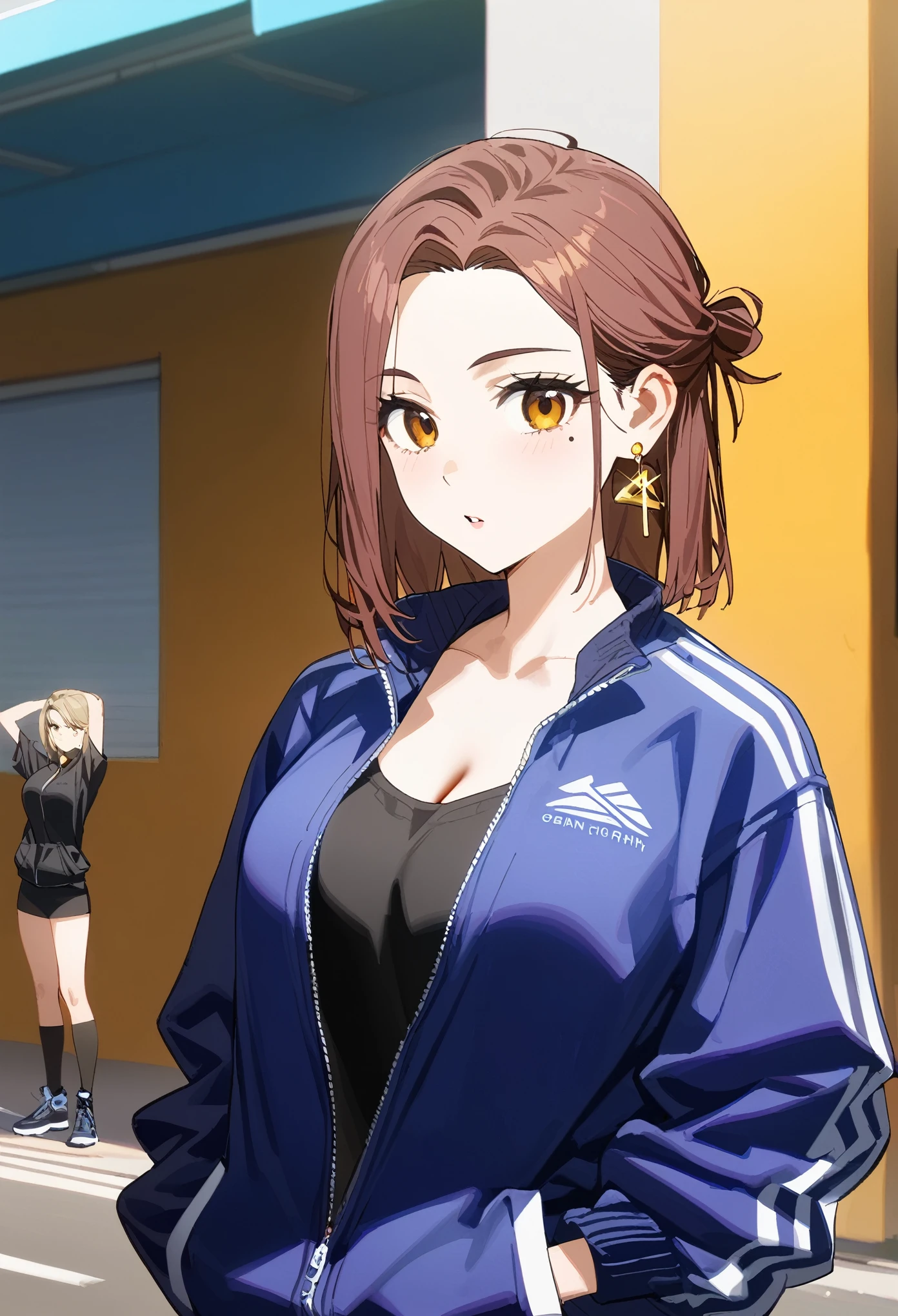 (masterpiece, best quality:1.2), 1 girl, alone, (adult, mature woman), tachibana kotoha, /(wind breaker/), looking at viewers, brown medium short hair, brown eyes, earrings, mole under left eye, alluring face, parted lips, fashionable black sportwear, blackwear, techwear, fashion, cleavage, (pose, model, photoshoot), in the middle of japan city, morning exercise